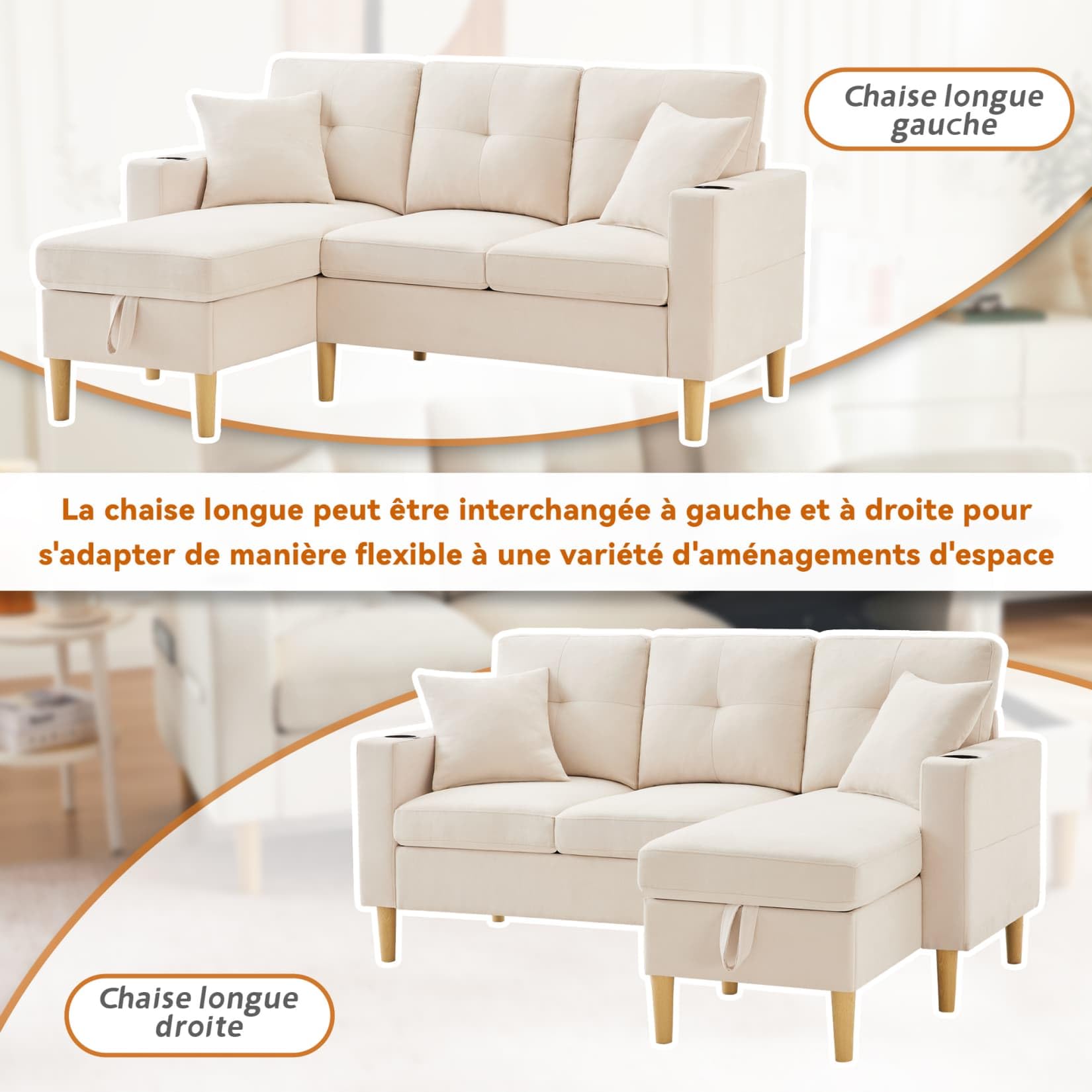 Canapé D'angle 3 Places Avec Rangement - Design L Moderne, Tabouret, Porte-gobelets, Gris Chenille, 196,5 Cm