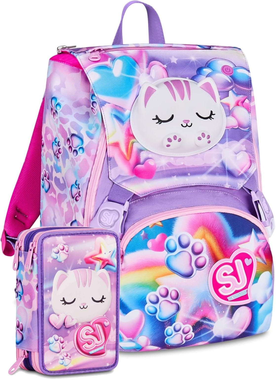 Seven. Schoolpack Zaino Scuola SJ Gang Girl Cat Viola + Astuccio Completo 3 Zip