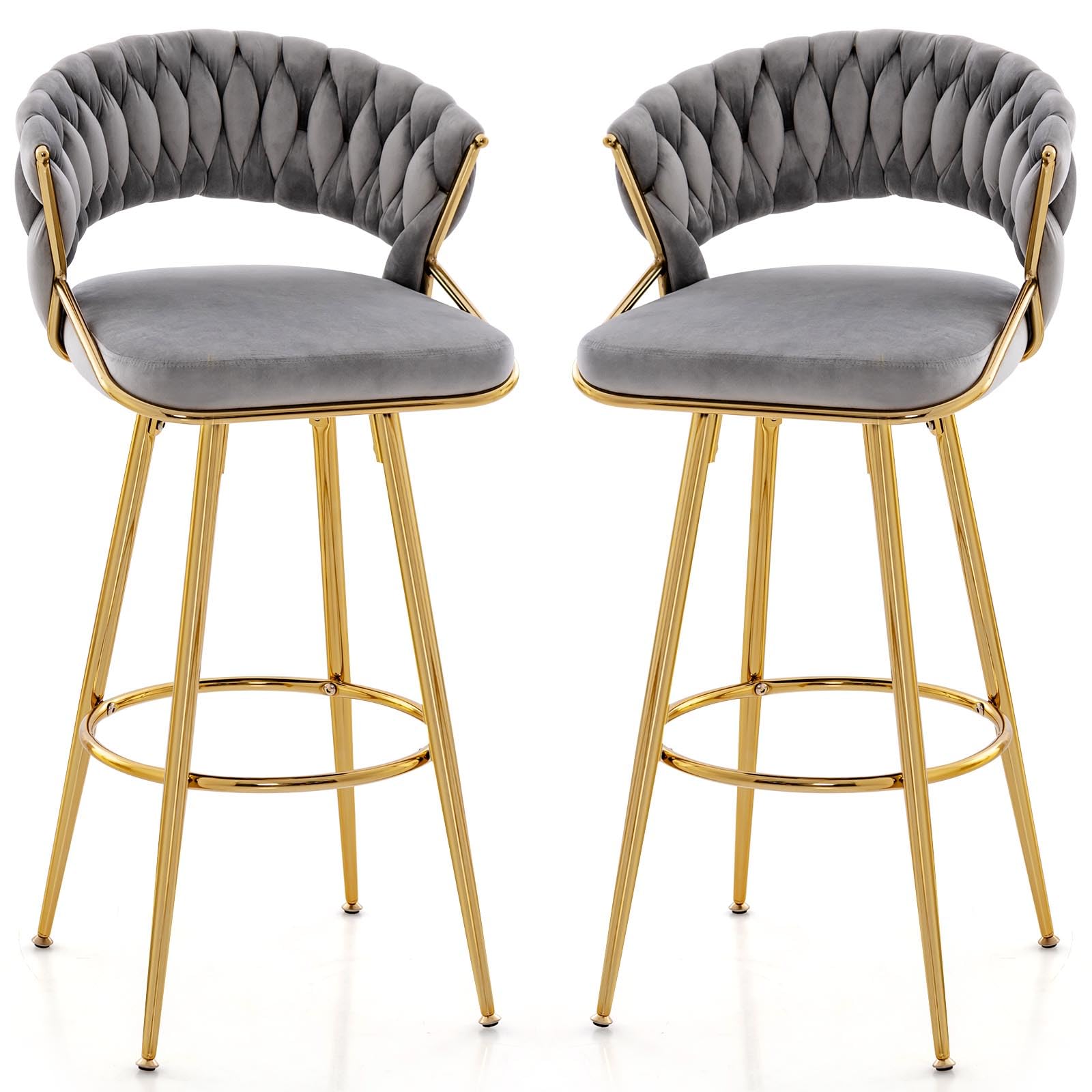 RELAX4LIFE Lot de 2 Chaises de Bar en Velours, Tabouret Haut Bar avec Siège Rembourré, Pieds en Métal Doré, Chaise Haute pour Ilot Central, Cuisine, Salle à Manger, Assise 73 CM, Charge 200 KG