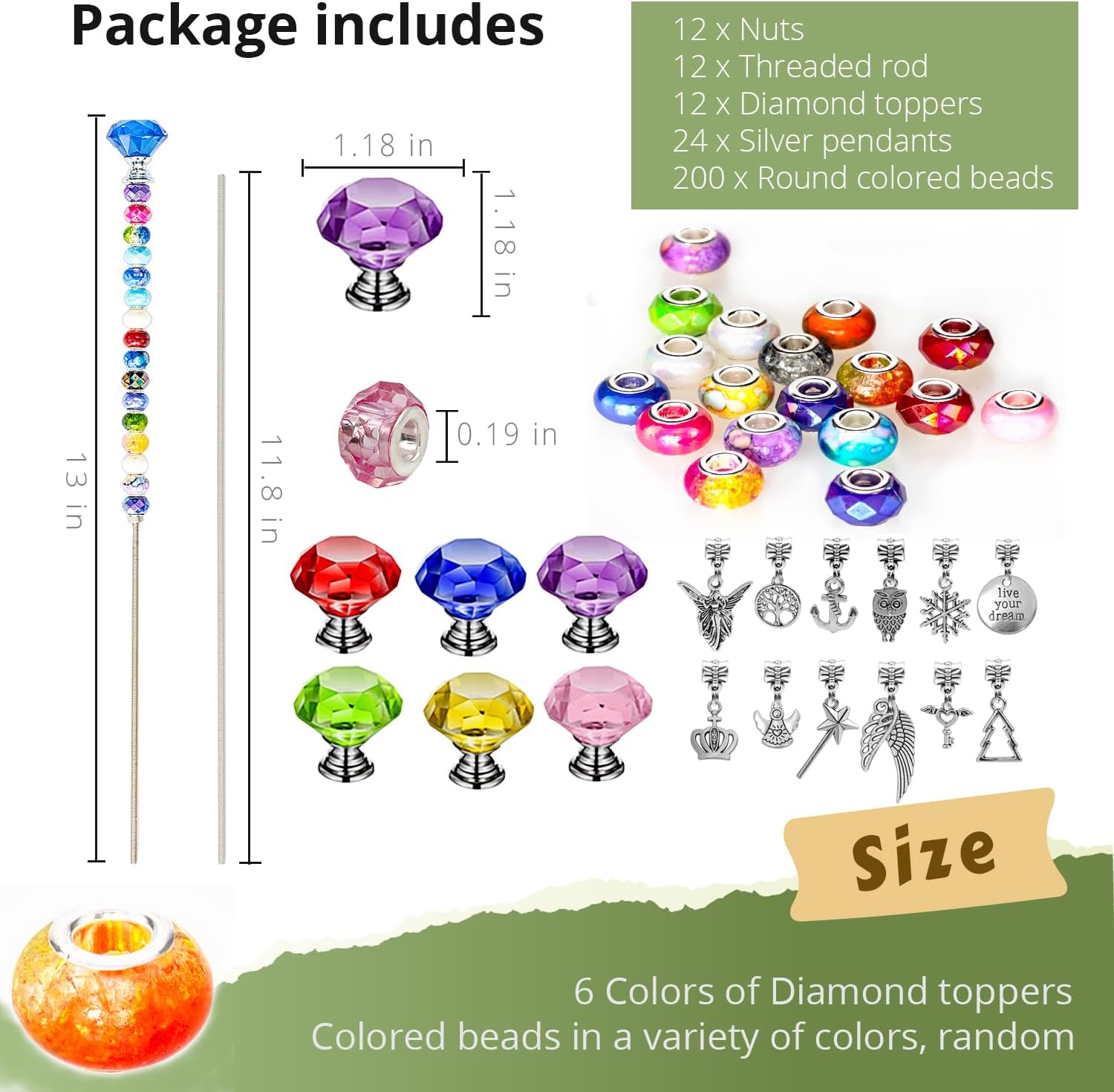236 PCS Decorative Garden Stakes DIY Fairy Wand Beaded Garden Stakes Wands Kit with Diamond Stopper Tops, 12 In Threaded Rod, 200 Colorful Beads for Indoor Outdoor Plant Flower Pot Décor