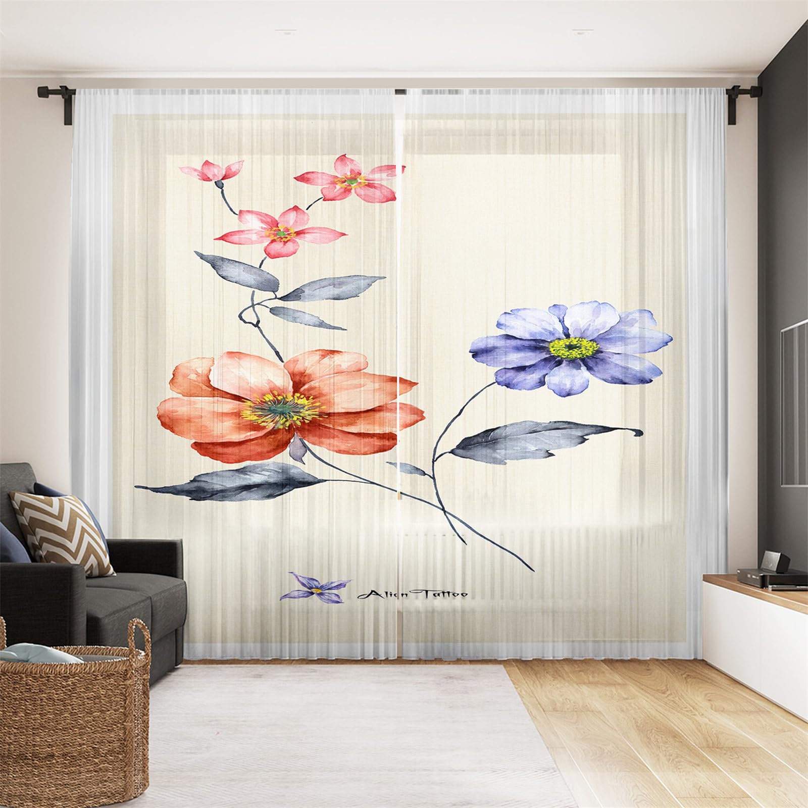 Surwin Net Curtains for Windows, Voile Curtain, 2 Panels Chinese Style with Eyelets, Semi Transparent Lightweight Voile Panel for Living Room Bedroom Balcony Decorative (Flower,W140xH160cm)