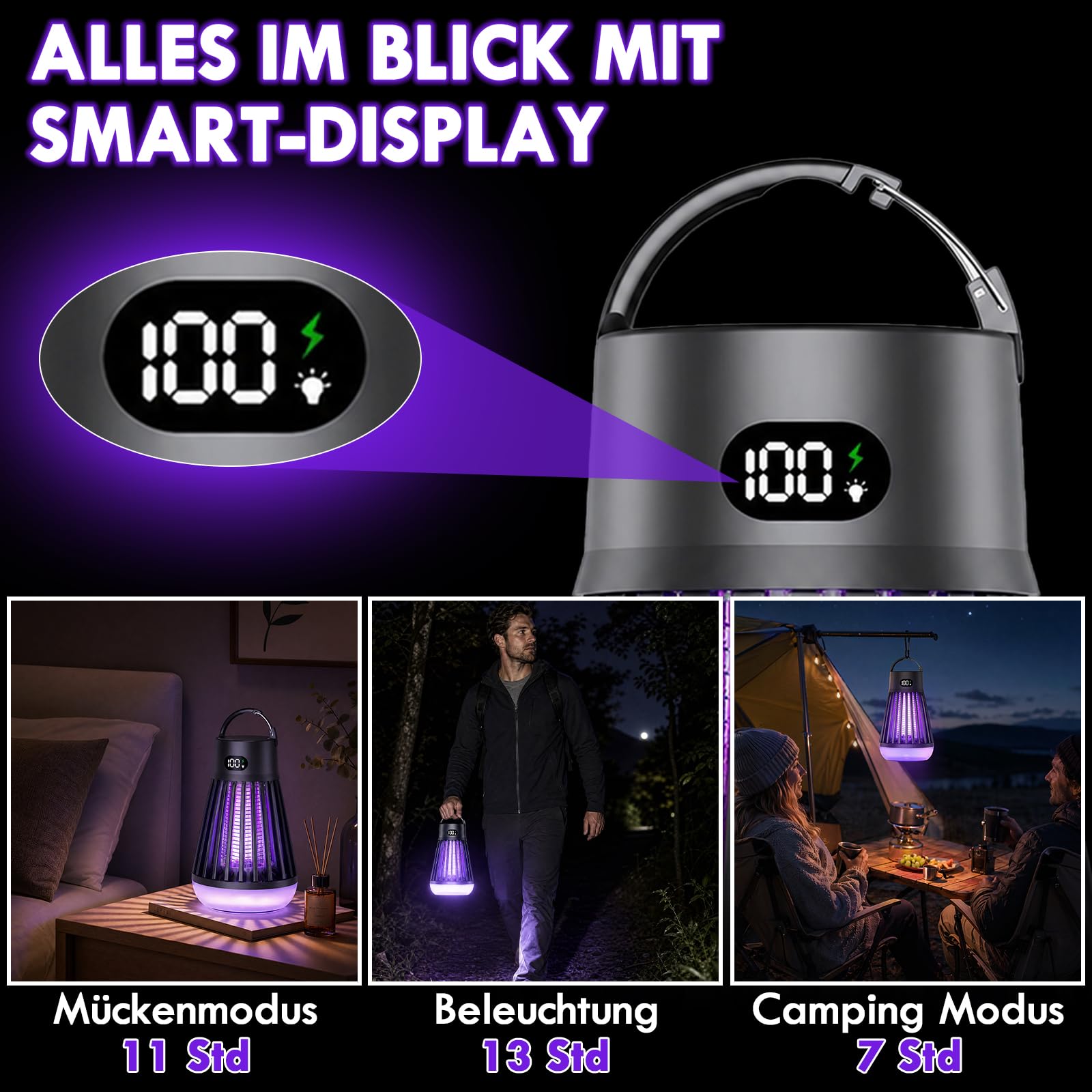 Insektenvernichter Elektrisch LED-Beleuchtung, 360° UV Mückenlampe Fliegenfalle,Mückenfalle USB für Innen Außen Outdoor IPX5 Anti Insektenlampe Camping, Schlafzimmer Küche Wohnmobil Balcony Garten