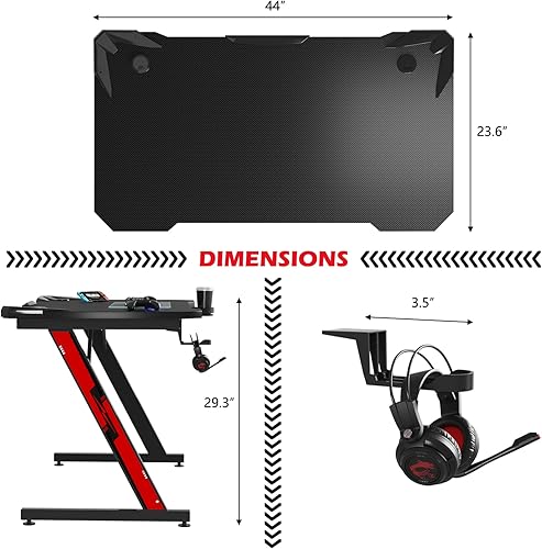 Miniatura 3 de Shahoo Escritorio para juegos de PC de 44 pulgadas con superficie de fibra de carbono en forma de Z con soporte para tazas y gancho para