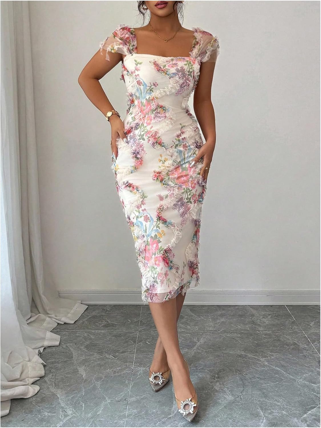 SHENHE Women's Floral Garden Party Dress Ruffle Trim Square Neck Cap Sleeve Mesh Bodycon Midi Dresses - Image 2