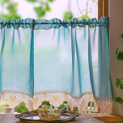 Miniatura 9 de SUTAVIA Juego de 2 cortinas clásicas de encaje rosa para cocina, cortinas de cafetería, cortinas de satén dorado con bolsillo para barra,