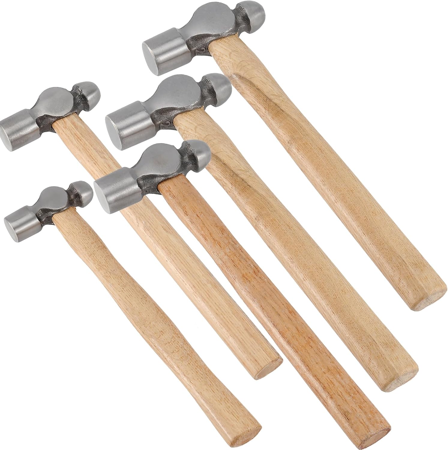 5 PCS Ball Peen Hammer, 8 OZ,16 OZ, 24 OZ, 32 OZ, 48 OZ Ball Peen Hammer Set with Wooden Handle and Non-Slip Shock Absorbing Grip for Metal Rivetc