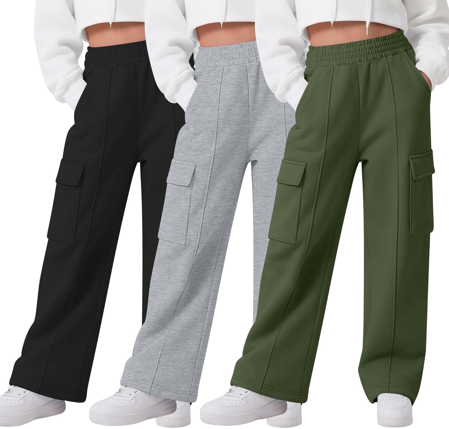 3 Pack Girls Wide Leg Sweatpants Cargo Pants High Waisted Baggy Causal Loose Kids Elastic Waistband Pants Joggers