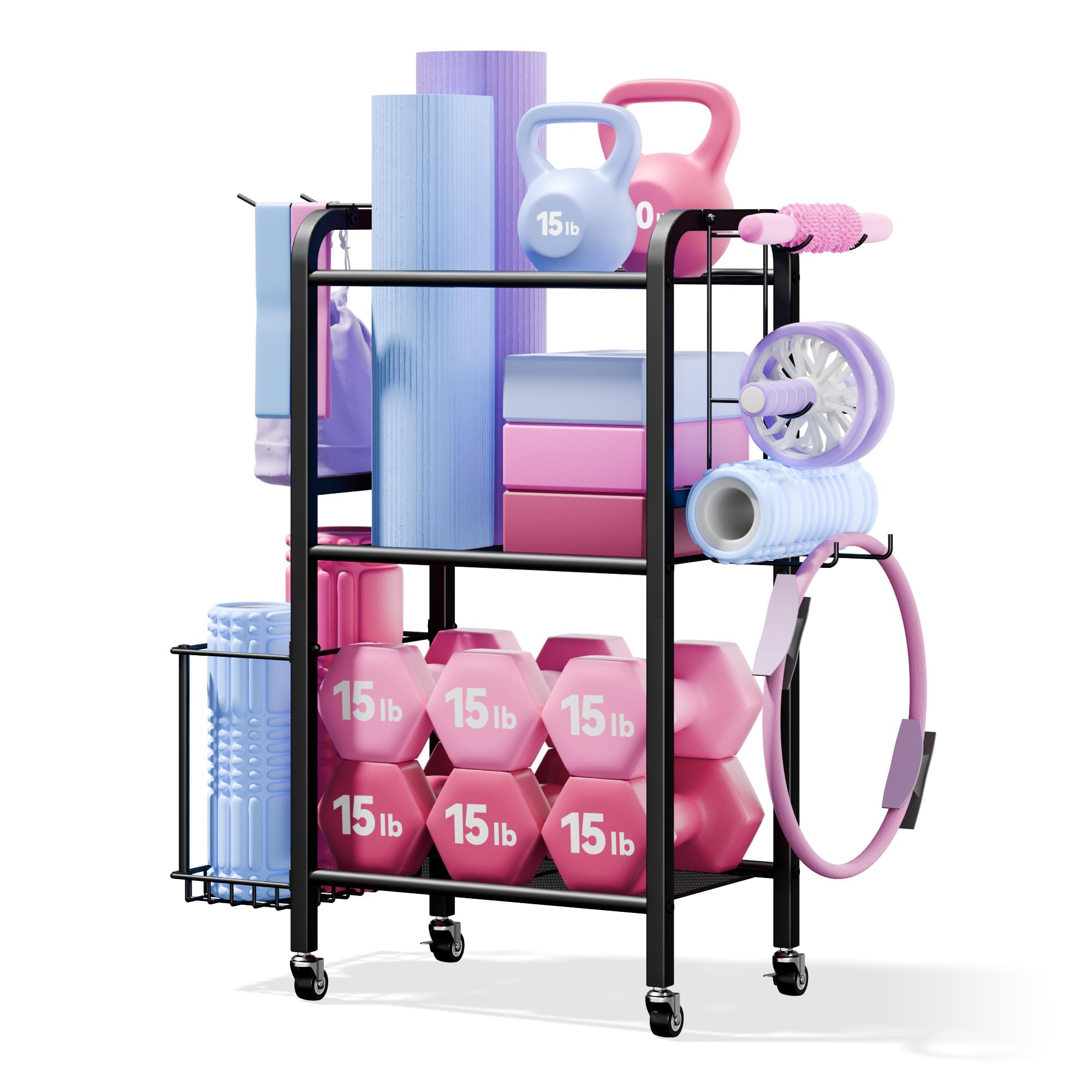 3-Tier Heavy-Duty Home Gym Storage Rack with Hooks and Smooth Wheels