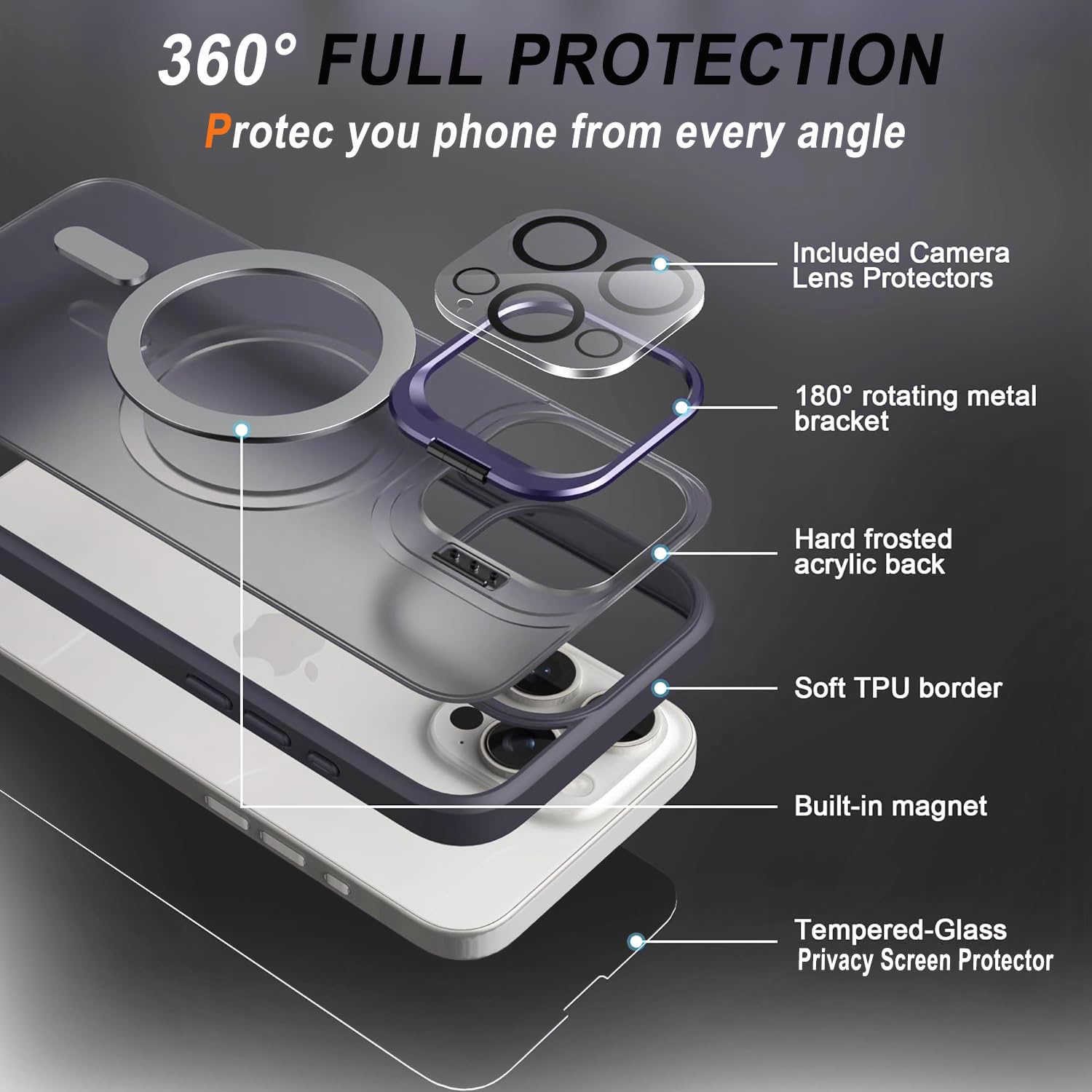 TXXO Magnetic for iPhone 16 Pro Case Stand with Privacy Screen & Camera Lens Protector Fits MagSafe 10FT Drop Translucent Matte Slim Shockproof Phone Case for iPhone 16 Pro Bumper 6.1" - Image 2