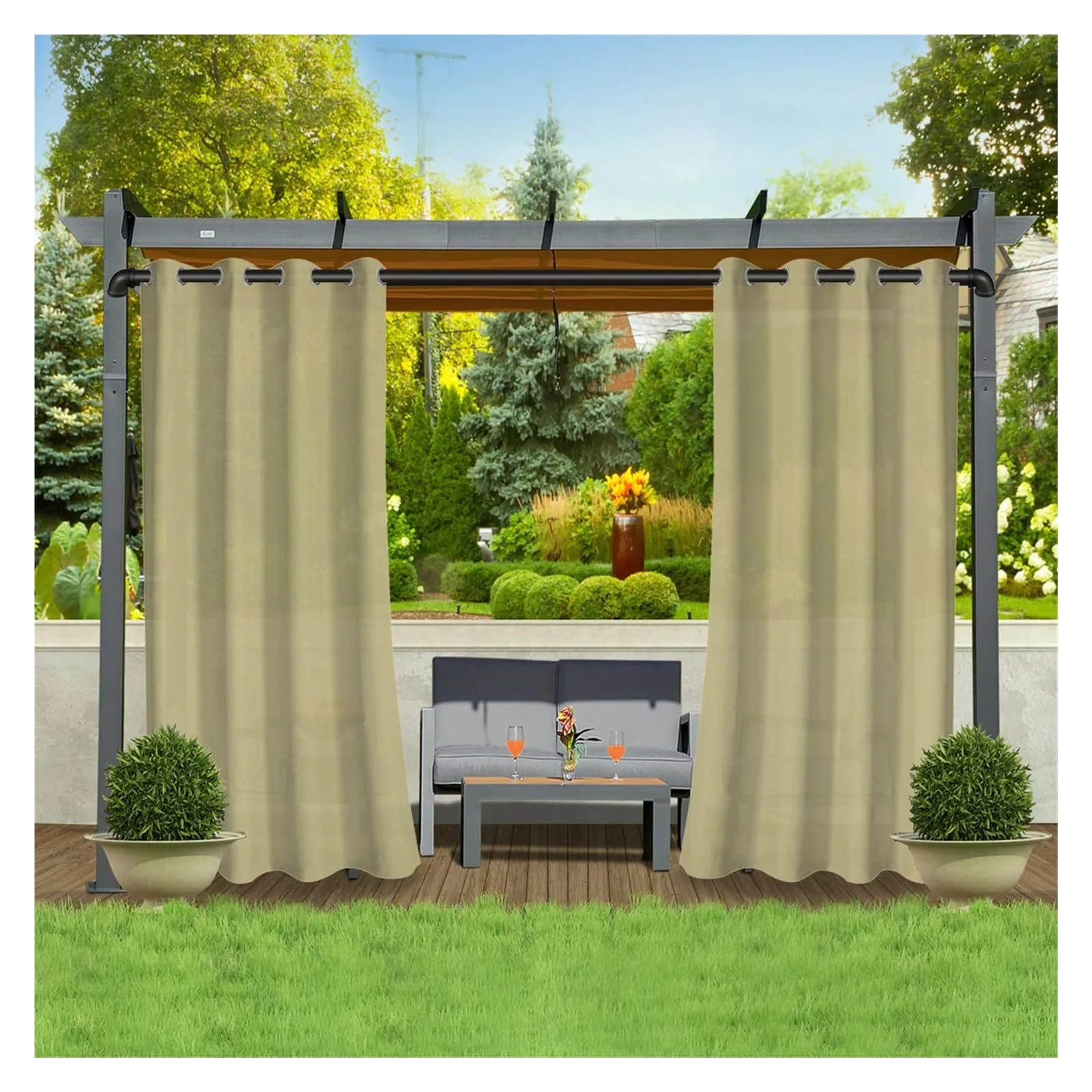 Zymjzbetic Pergola Curtain 1PC, Waterproof Outdoor Polyster Grommet Top Curtain, For Gazebo, Porch, Pergola and Patio Decoration(Brown,GROMMET TOP_W137 X H213)