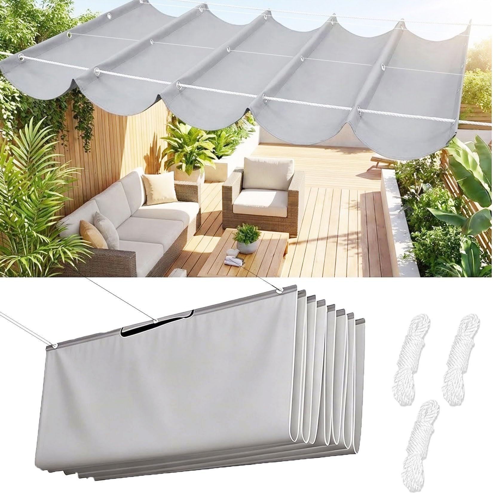 Toile-Ombrage Rétractable Vague pour ombrager une terrasse ou une véranda au design gris clair