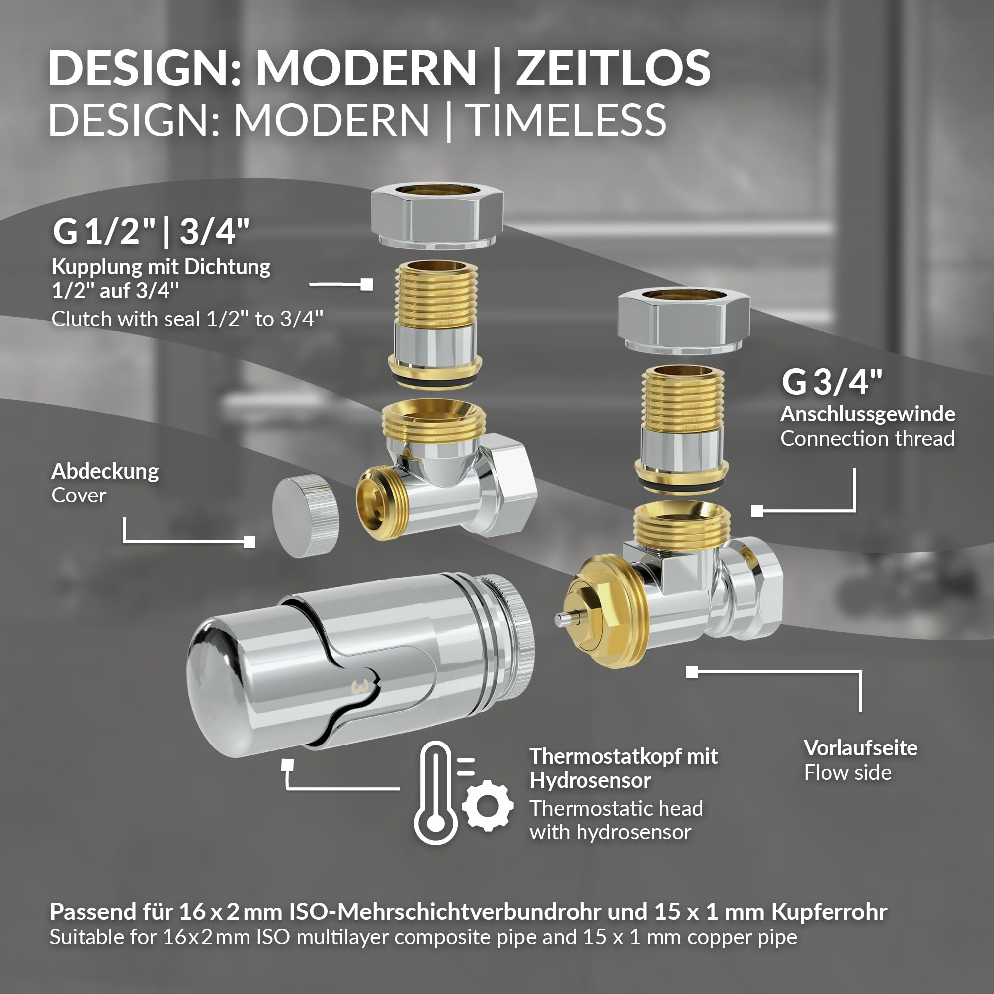 LuxeBath Zawór termostatyczny + złącze śrubowe powrotne do grzejników, chrom, zawór grzejnikowy, kompletny zestaw, głowica termostatu 1/2" kształt narożny, zawór grzewczy z pozycją ochrony przed