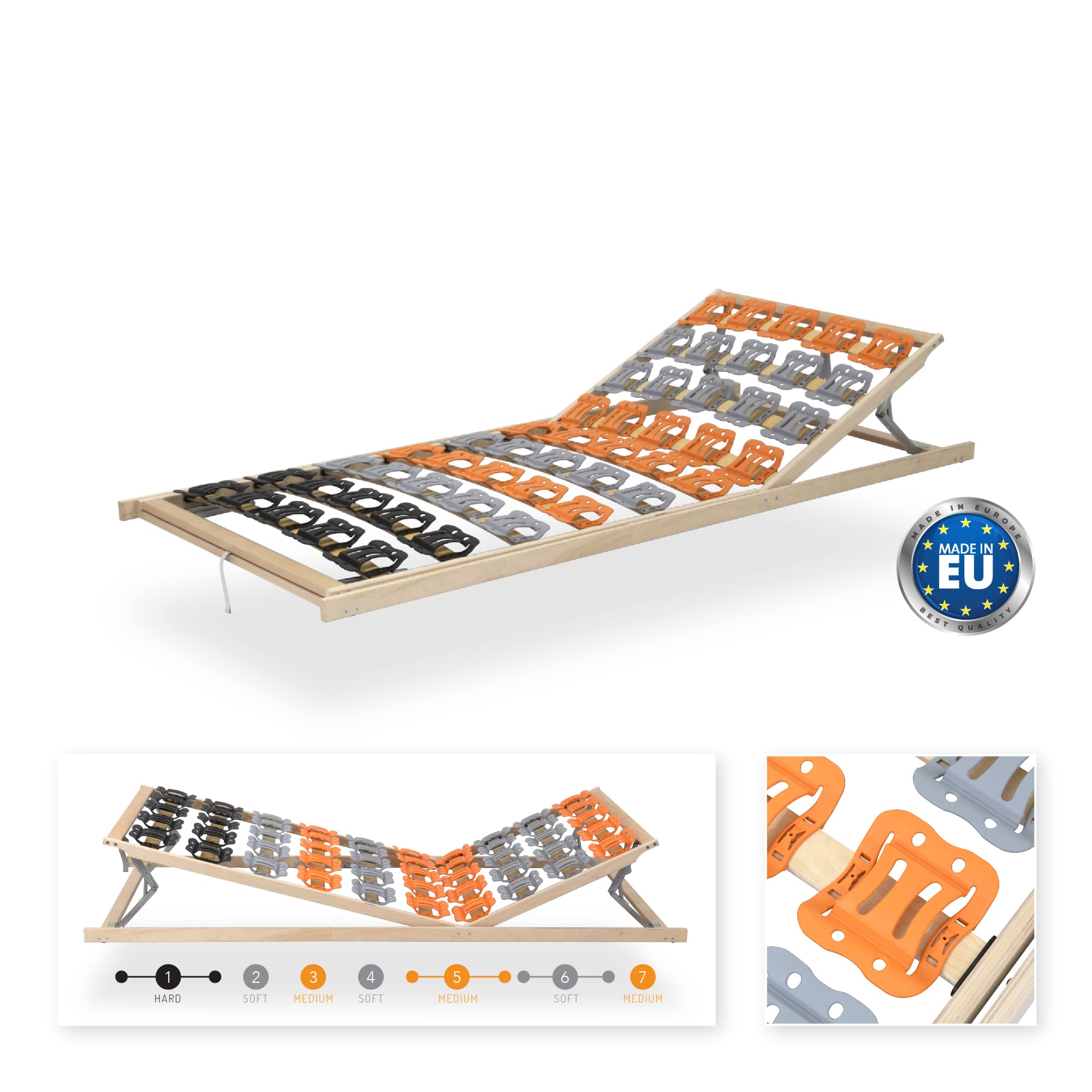 i-flair 7-Zonen Lattenrost TFlex50KF 120x200 cm Teller Lattenrahmen Hergestellt in der EU - mit Kopf- und Fußverstellung