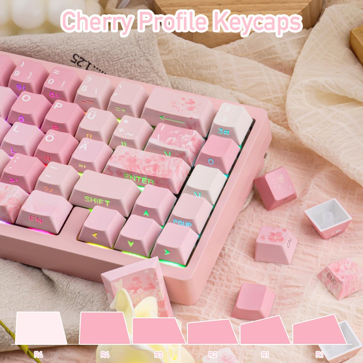 Keycaps Lot de 133 touches en PBT allemands Double Shot Rose Cherry Blossom Dye-Sub Cherry Profile Side Printed Shine Through Keycaps for Cherry MX Switch ISO QWERTZ Layout Clavier mécanique