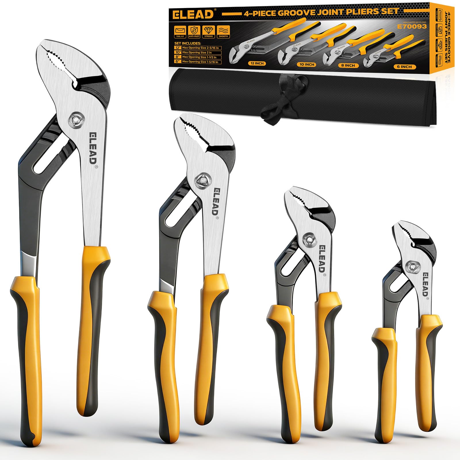 Photo 1 of ELEAD 4-Piece Groove Joint Pliers Set, 12/10/8/6 Inch Adjustable Water Pump Pliers with Tool Roll Bag, Tongue and Groove for Home Repair, Gripping, Nuts, Bolts, Pipe & Fittings