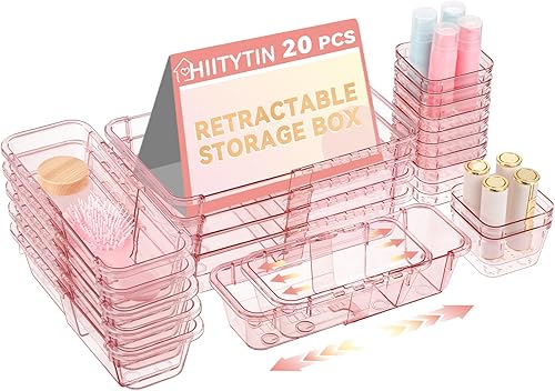 20 organizadores de cajones transparentes ajustables, cubos de almacenamiento extensibles, juego de organizador de cajones de escritorio para