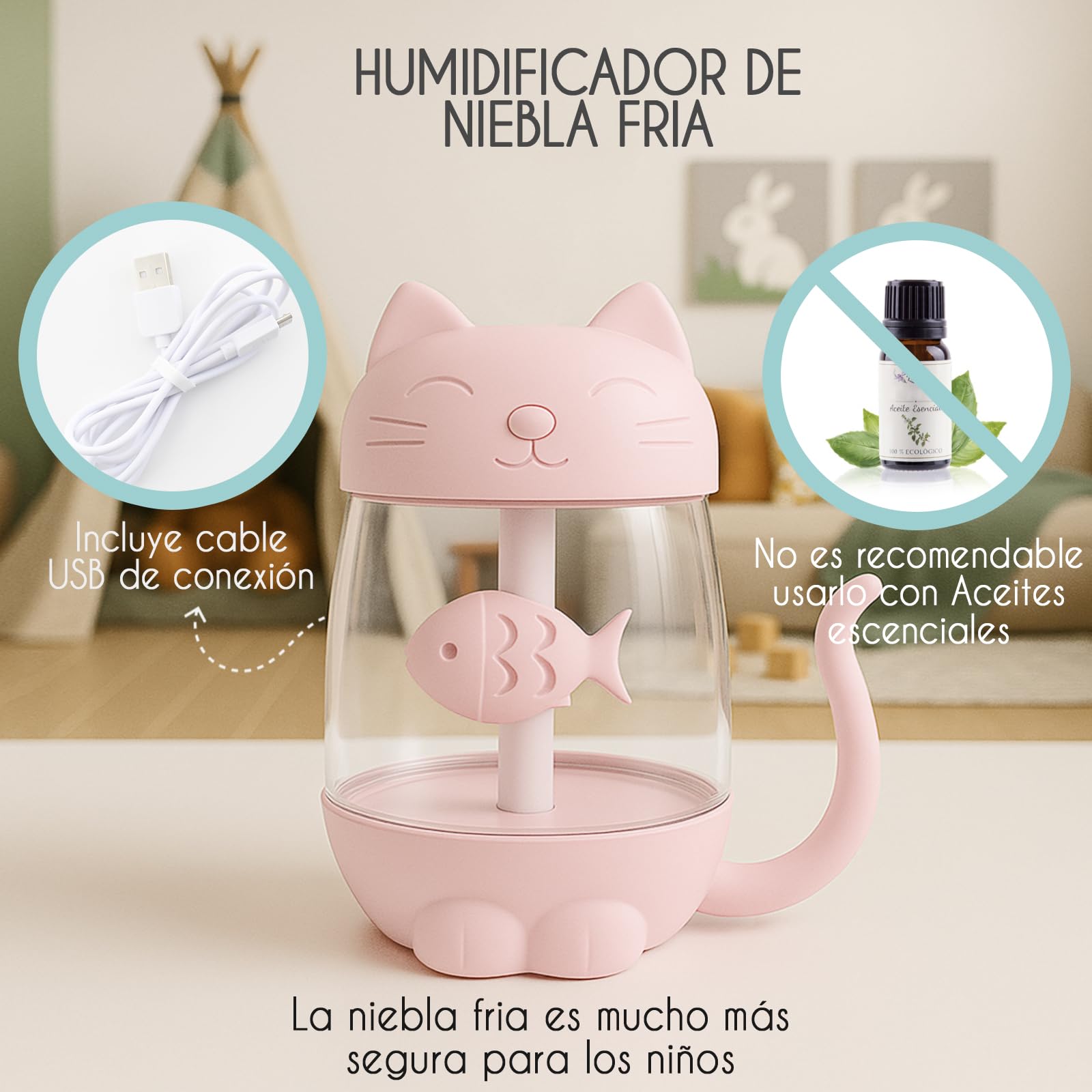 Mini Humidificador Infantil de Gatito 350ml con Luz LED USB y Mini Ventilador Niebla Fría Silenciosa para Niños