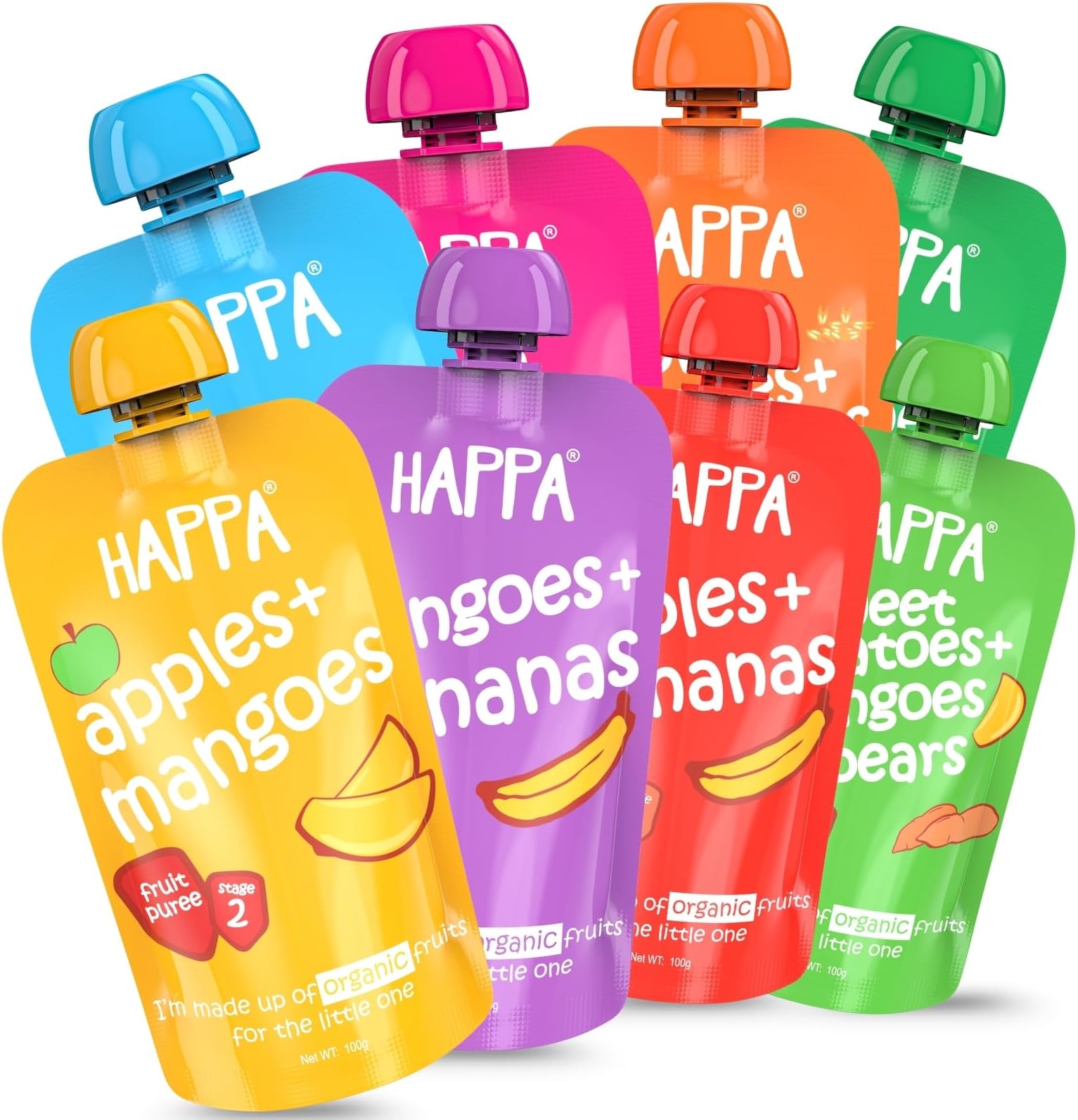 - Happa Organic Baby Food Puree Travel Pack | Natural Fruits, Grains and Vegetables | No Added Sugar, No Milk Powder, No Preservatives | Stage 2 (6 Months+) | Ready to Eat | Free from Common Allergens | Pack of 8 (100g Each)