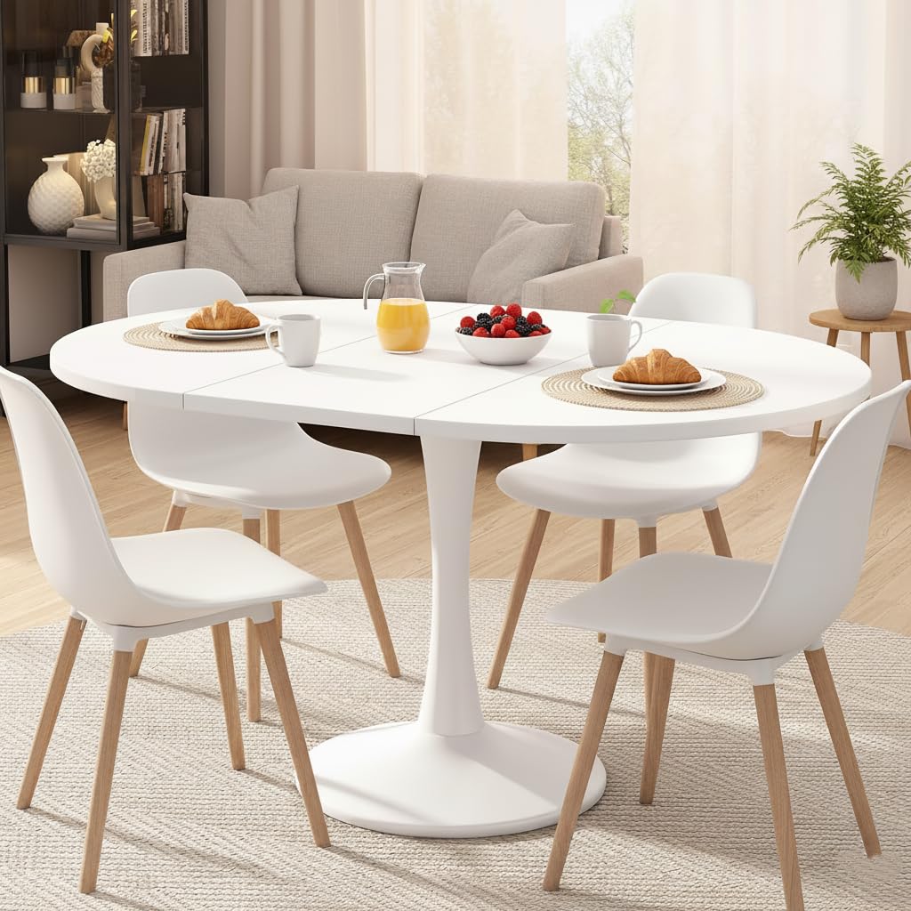 Tavolo da pranzo allungabile bianco, 100-140 cm, ovale/rotondo, per 2-8 persone, in legno, moderno tavolo da soggiorno e cucina, tavolo rotondo (A, bianco)