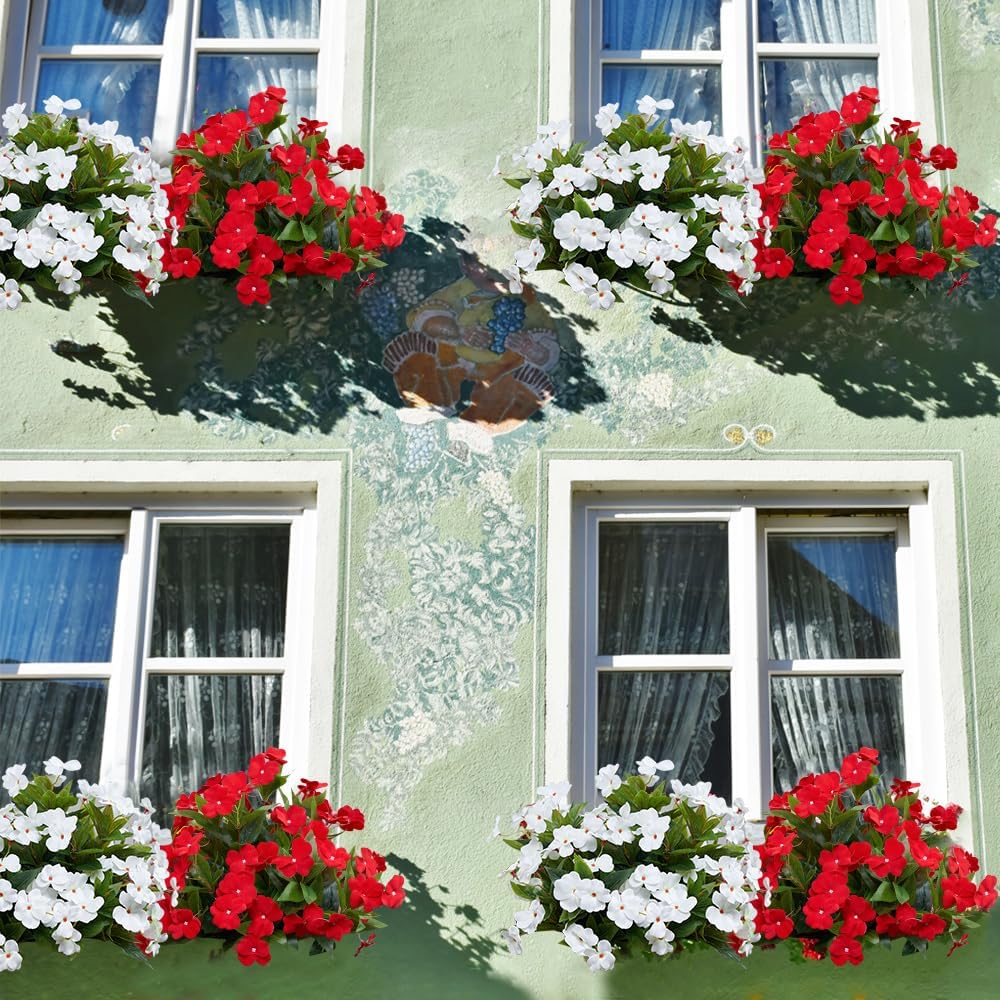 Melorca&Guilla Artificial Plants Outdoor,4PCS 7Branches Fake Impatiens Artificial Flowers for Outdoors,Faux Plants for Patio Lawn Balcony Garden Window Box Home Decor