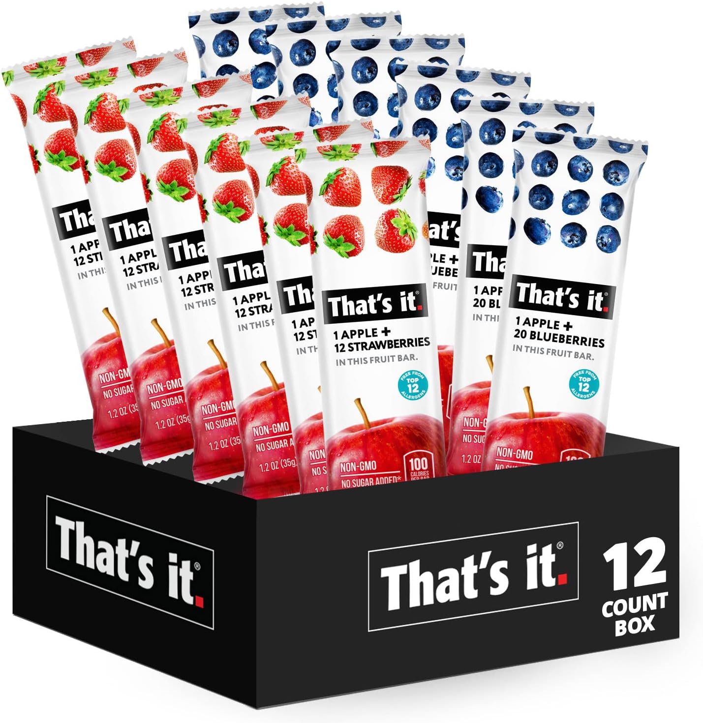 - That's it 12 Variety Pack Fruit Bars (6 Strawberry, 6 Blueberry) No Sugar, 100% Natural Real Fruit Bar, High Fiber Vegan, Gluten Free, Paleo, Non-GMO