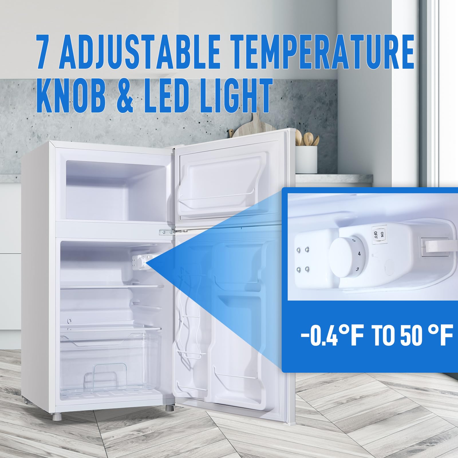 WANAI Mini Fridge With Freezer, 3.5 Cu.Ft Small Refrigerator With 2 Door & 7 Gear Mechanical Control & Side Bottle Rack, LED Light, Ideal For Dorm, Kitchen, Apartment, Office, White on Fridge.com - View 3