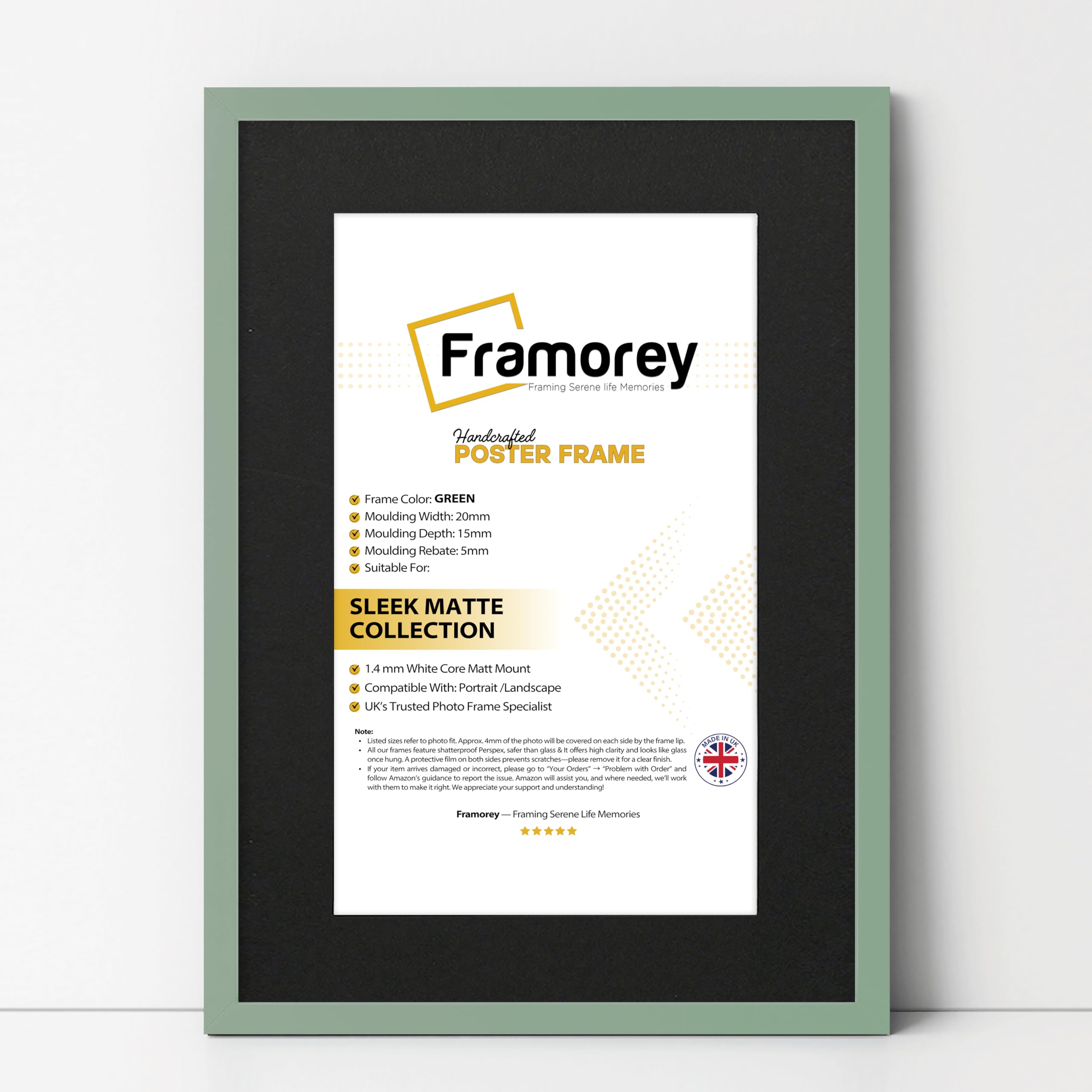 FRAMOREY Thin Matt Green Photo Frames 50x60CM Size Picture Frame With 40x50CM Size Black Mount, Flat Wooden Effect Photo Frames, Home Décor Wall Art Poster Frame