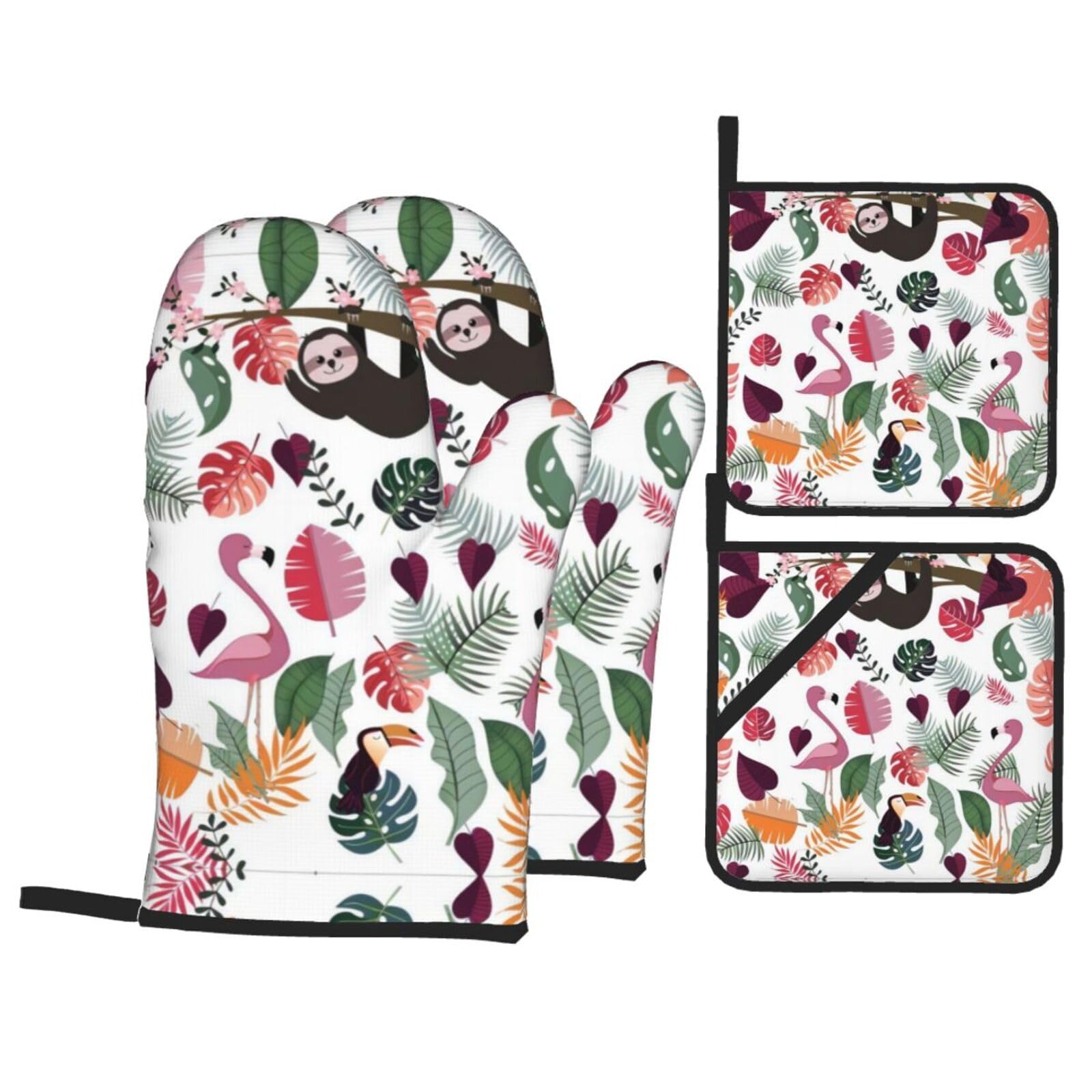 YYHHAOFA Sloth in Pink Tropical Jungle Prints Kitchen Baking Set with Heat Resistant Pot Holders & Oven Mitts - Waterproof Layer for Hot Dishes, Grill & Microwave
