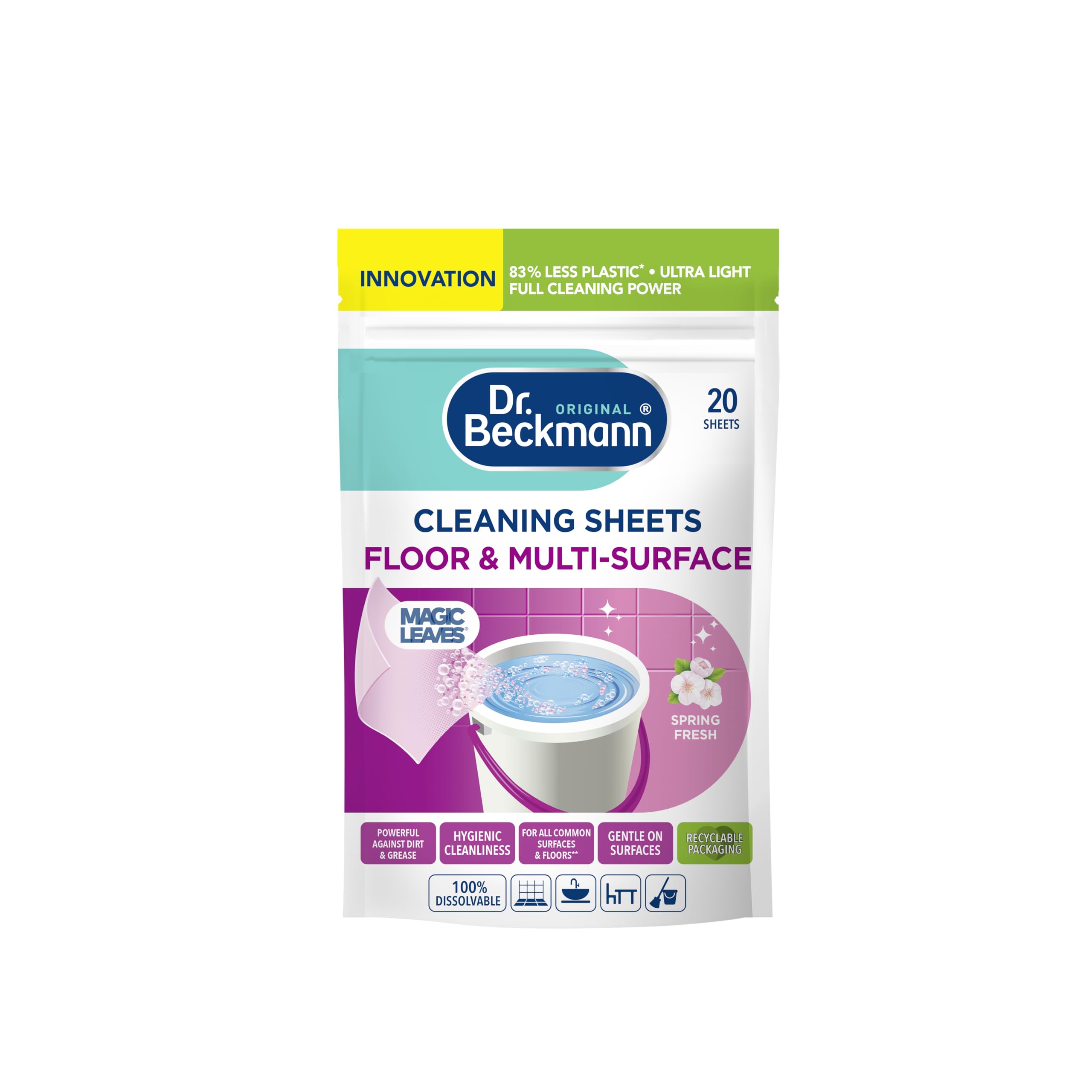 Floor & Multi-Surface Cleaning Sheets |Powerful Against Dirt & Grease | Fast Drying | Gentle on Surface | Spring Fresh | 20 Sheets