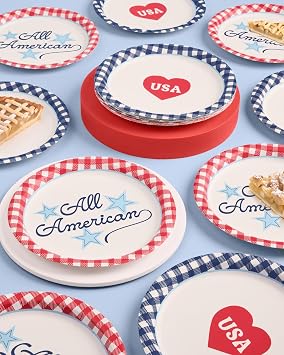 xo, Fetti All American USA Paper Plates | 24 pcs, 9 | 4th of July Tableware, Southern Bachelorette Decorations, Patriotic Dinner Party Setting, Birthday Tablescape
