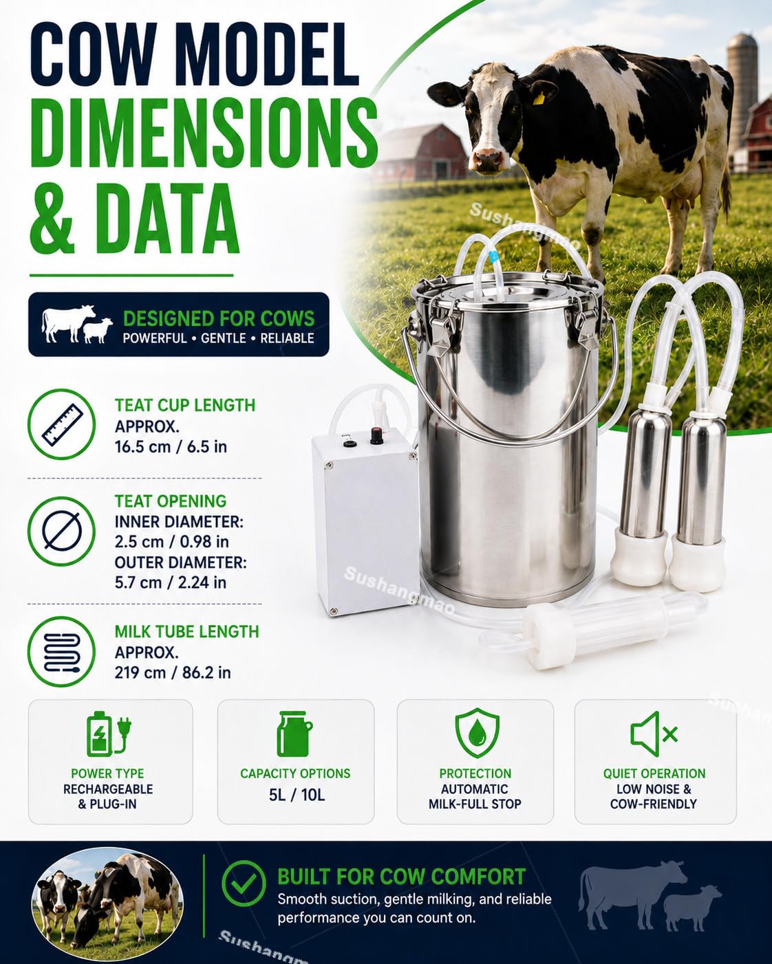 Mungitrice Elettrica 5L/10L per Mucche e Pecore 10L-Cattle | Batteria 5200mAh Senza Fili e Rete, Valvola a Galleggiante Auto-Stop e Secchio Inox per Piccole Fattorie