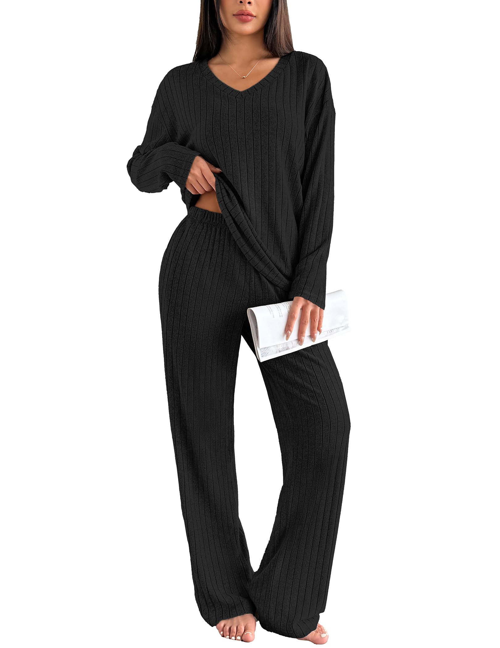 Ekouaer Women's Pyjamas Set Ribbed Knit Winter Pjs Set Lounge Set Long Sleeve Sleepwear wi...