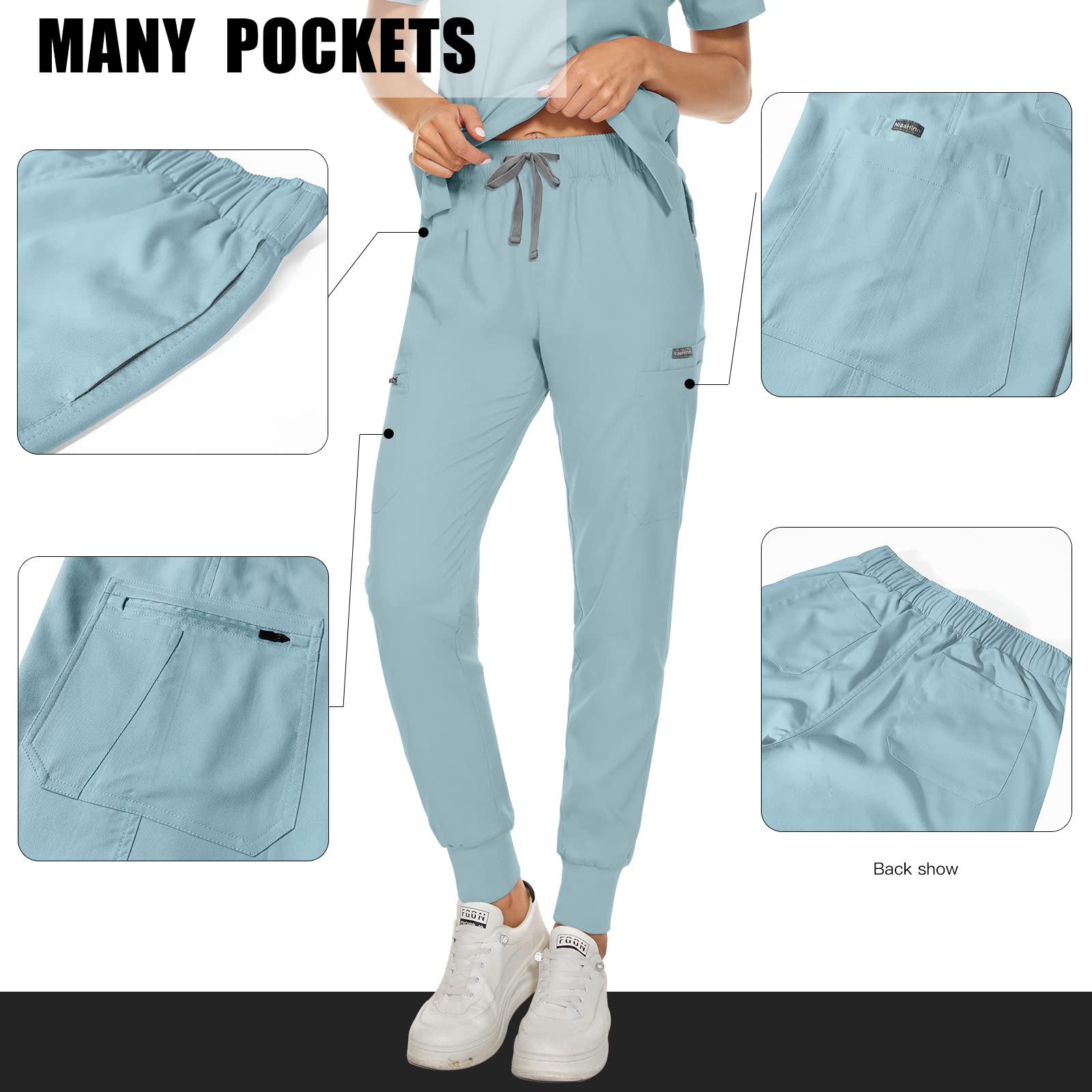 VIAOLI Scrub Pants for Women Jogger Pants 8 Pockets Cargo Pants Stretch Nurse Uniform Work Pants Unisex (Light Blue,M,Medium)