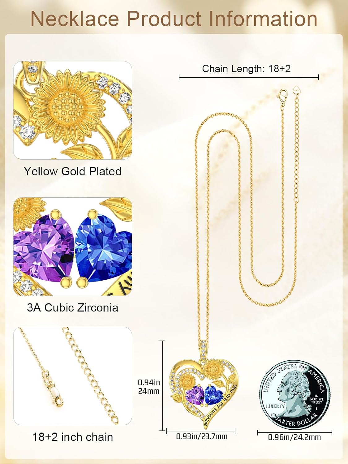 Double Birthstone Necklace 14K Gold Plated You Are My Sunshine Sunflower Necklace Heart Pendant Jewelry Mother's Day Birthday Gift for Wife Grandma Her Mom