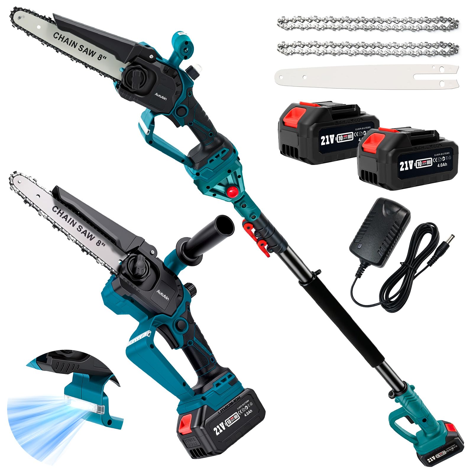 2-in-1 Electric Pole Saw &amp; 8-Inch Mini Chainsaw, 2x4.0Ah Batteries