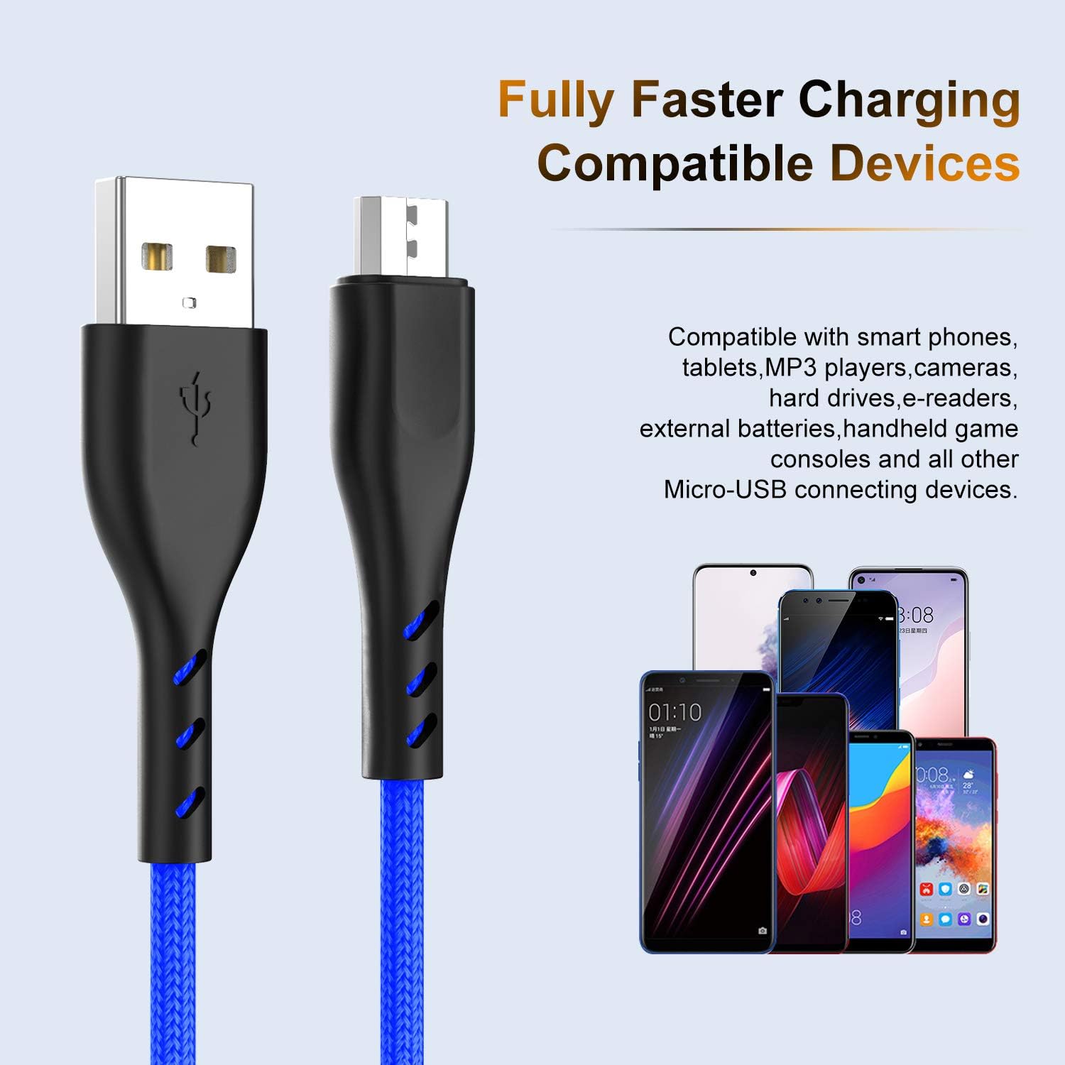 Micro USB Cable Braided 10ft 10ft 6ft 6ft, Android Charging Cable Fast Phone Charger Cord with Extra Long Length Nylon Braided Compatible with PS4,Samsung Galaxy S7 Edge/S7/S6,Note 5 4,LG(Blue)