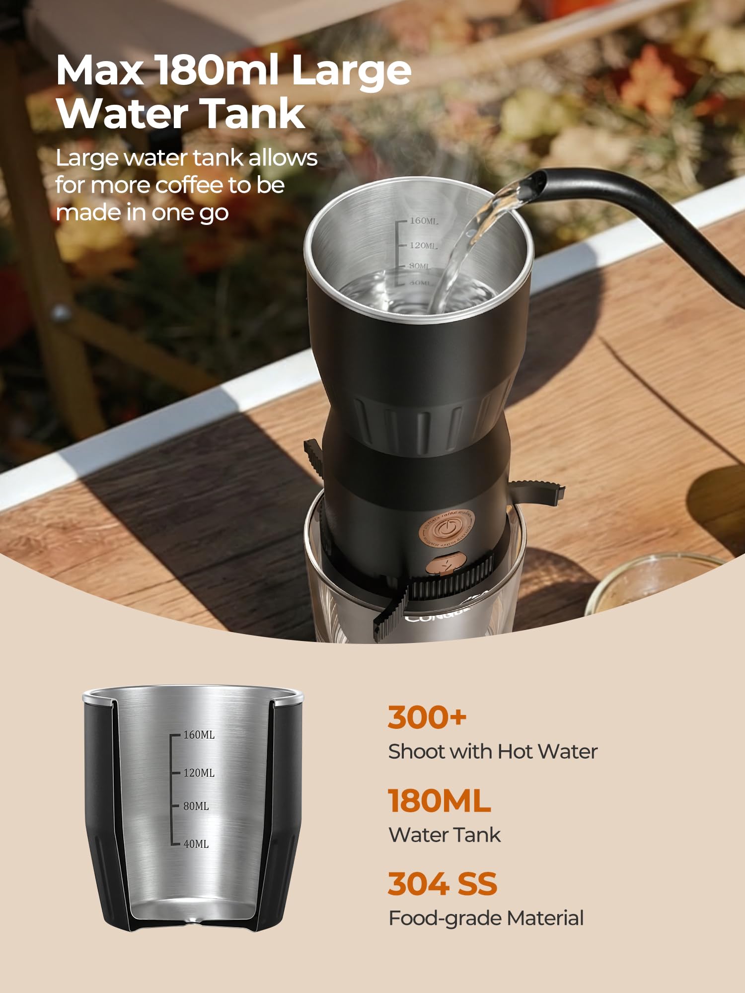 CONQUECO Machine à Café Portable Électrique 20 Bars, 160ml, Pompe Pression Batterie, Compatible Capsule et Café Moulu, USB-C Rechargeable pour Camping Voyage Bureau (Non auto-chauffant) (Noir)