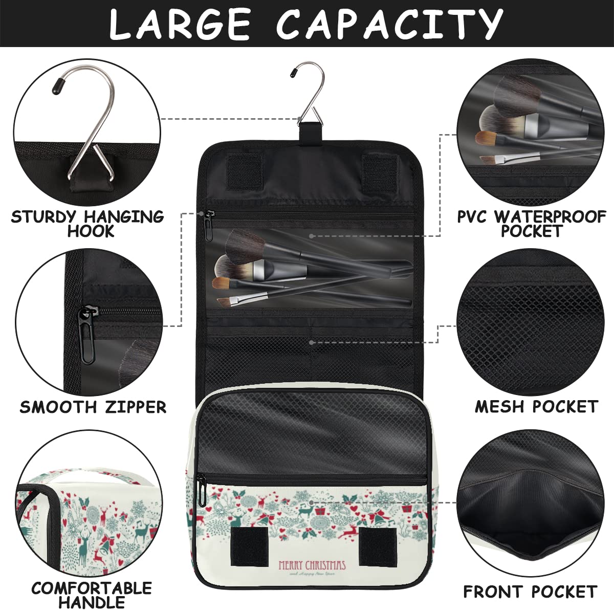 Wesołych Świąt Podróżna Kosmetyczka Wesołych Świąt Kosmetyczka Do Mycia Torebka Unisex Wiszące Kosmetyki Kosmetyki Organizer Do Makij, wielobarwny, Jeden rozmiar