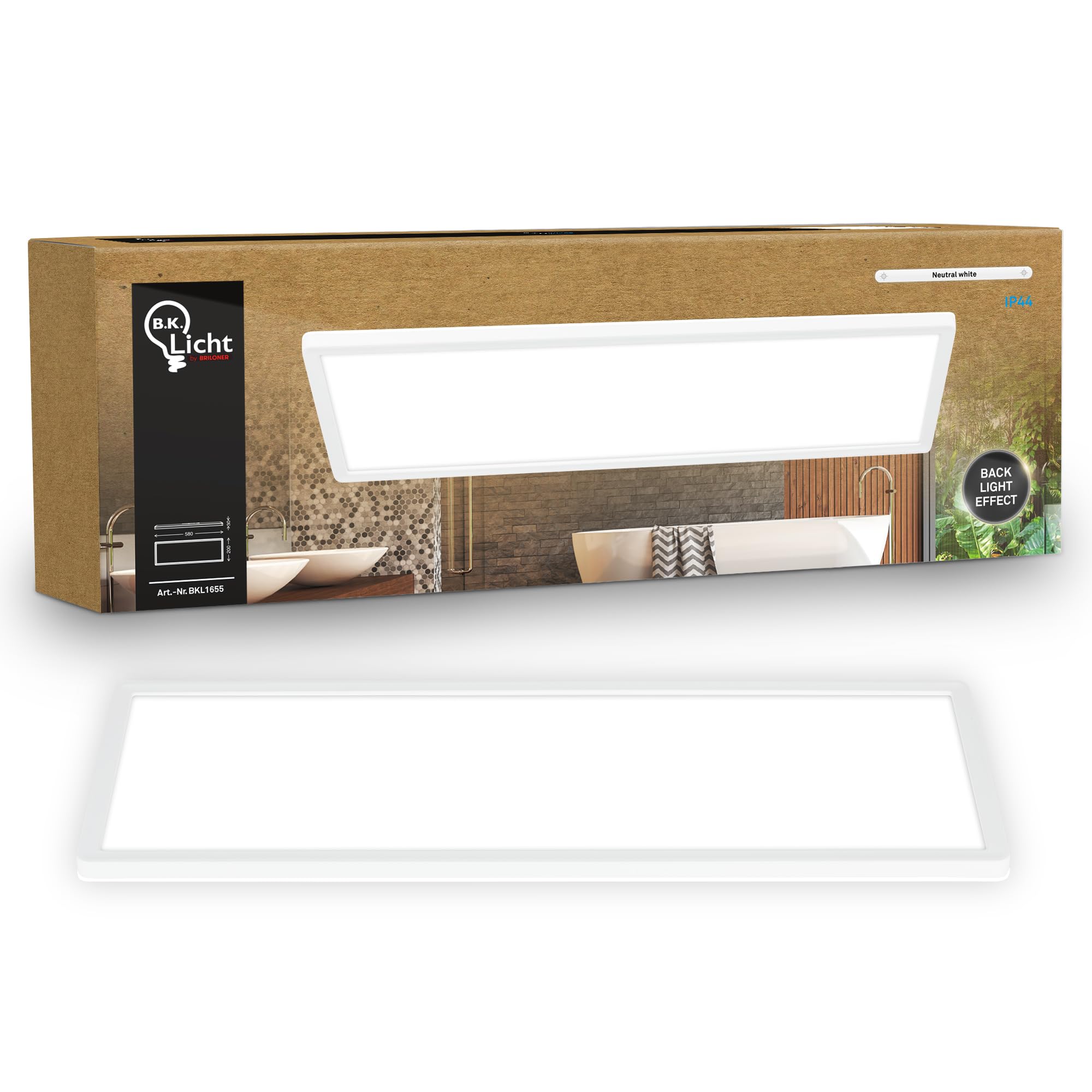 B.K.Licht - LED Panel, Slim, 4000K Neutral White, Indirect Backlighting, IP44 Splash-Proof, Ceiling Lights, Bathroom Light, Bathroom Lights Ceiling, Living Room, 58 x 20 x 3 cm, White