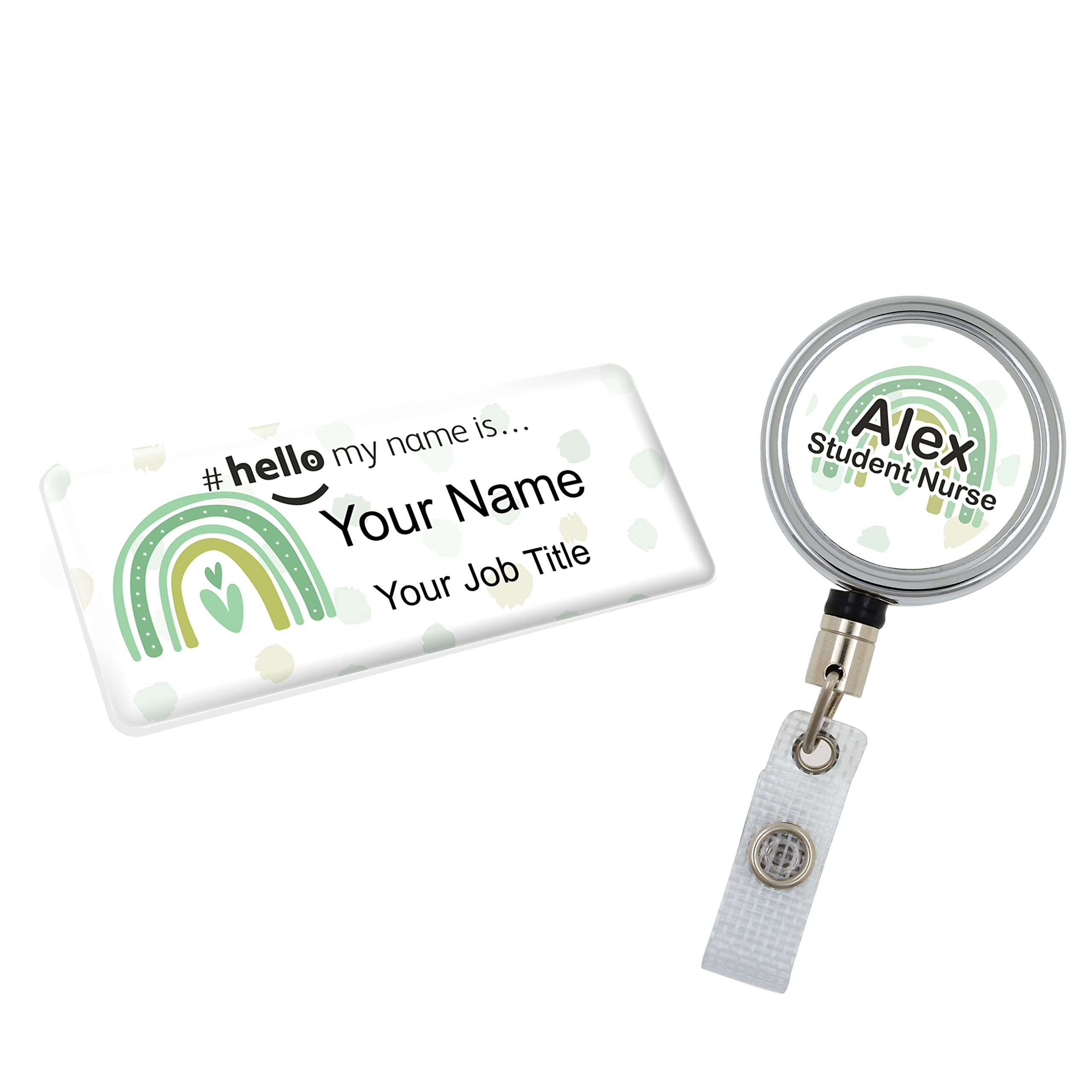 Badgemaster Resin Finish Hello My Name is Name Badge and ID Reel Personalised Rainbow Nurse Midwife Hospital NHS Practitioner Nursery Preschool Green Rainbow Polka