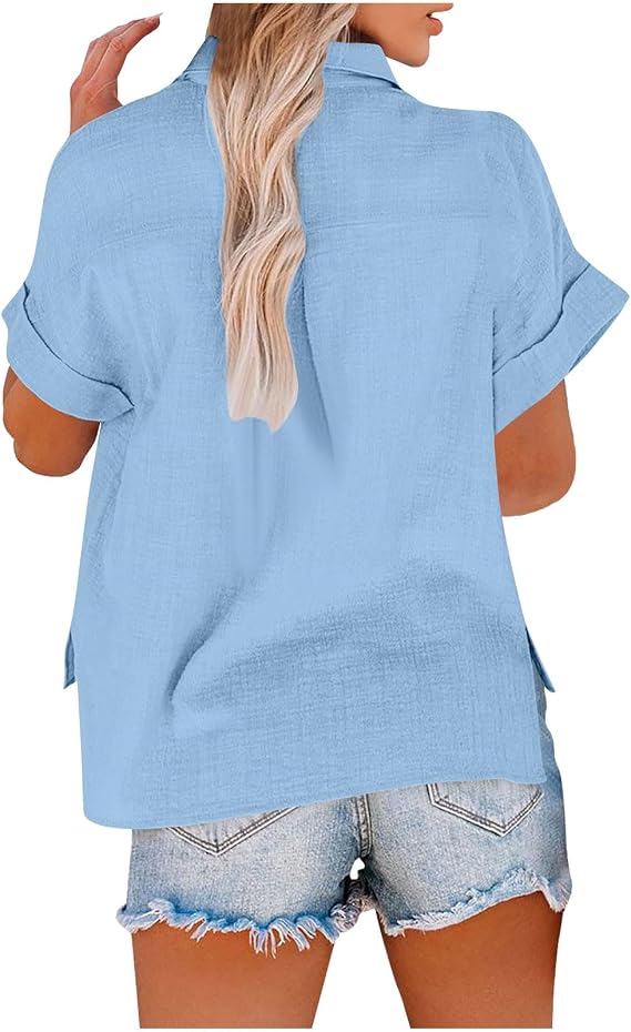 Cotton Linen Shirts for Women Trendy Pleated Short Sleeve Button Down Tops Collared Summer Business Casual Work Tops