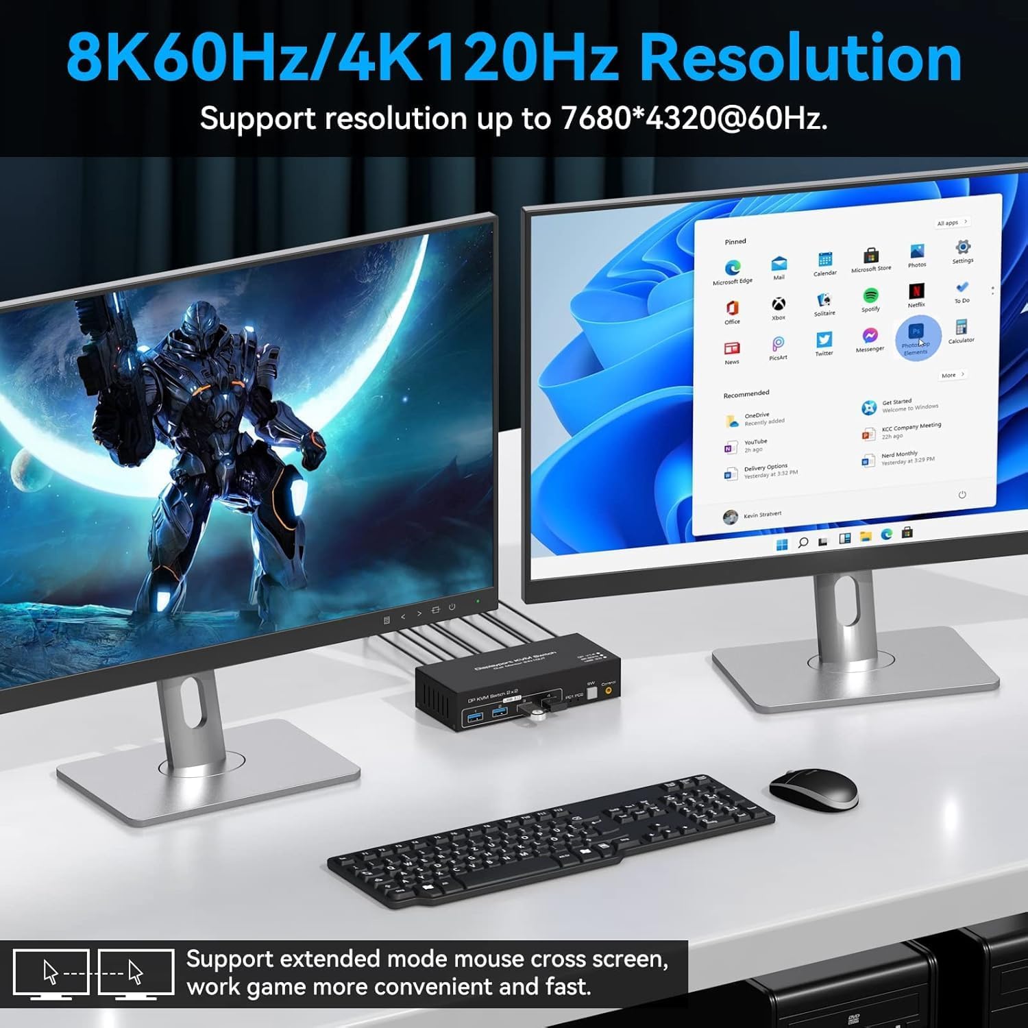 VPFET 4K120Hz Displayport KVM Switch 2 PC 2 Monitore 8K60Hz Dual Monitor DP 1.4 Switches for 2 Computers Teilen 4 USB 3.0 Geräte mit 2 USB 3.0 Kable und Desktop Controller