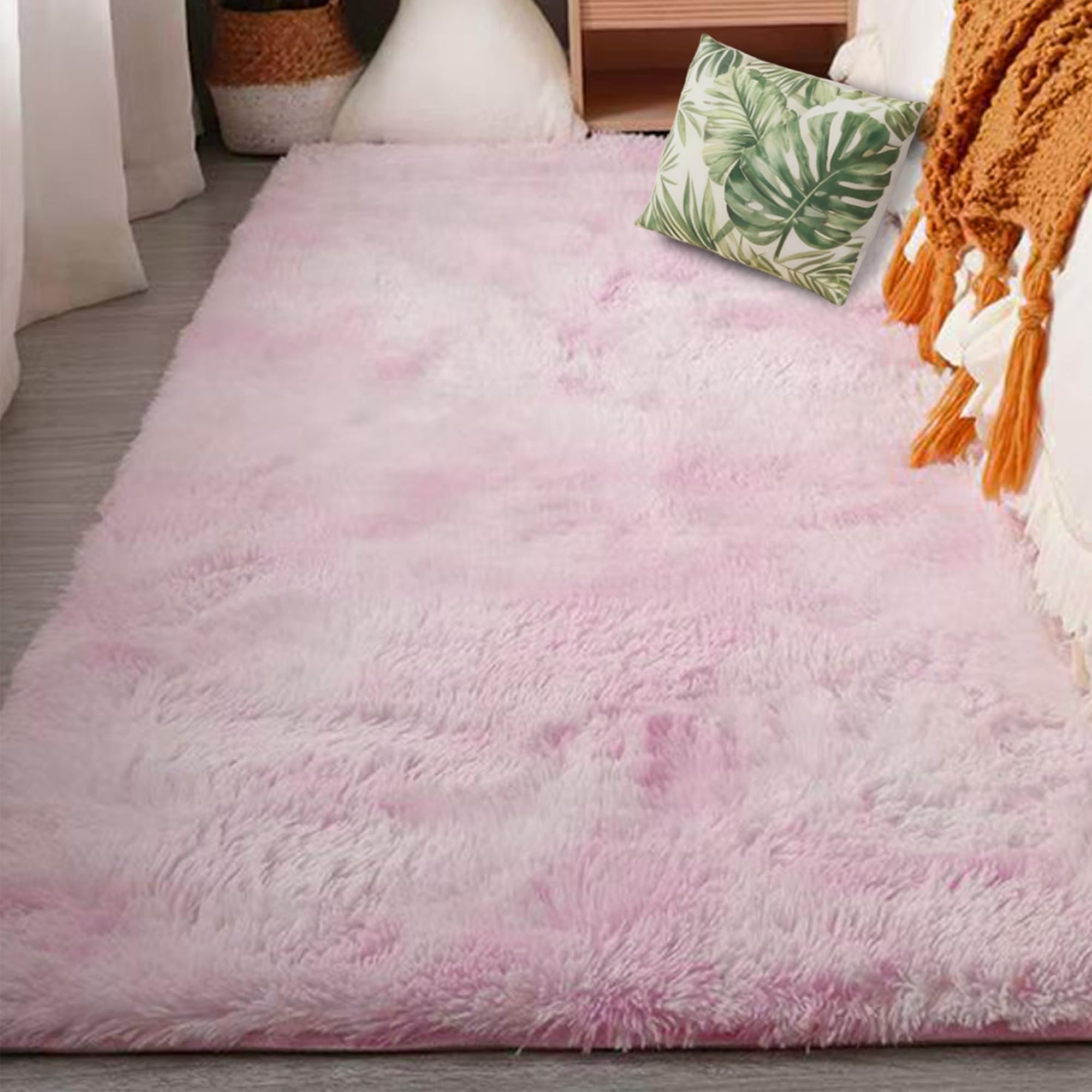 Tapis de salon moderne 130x390 cm poil long doux rose pour chambre