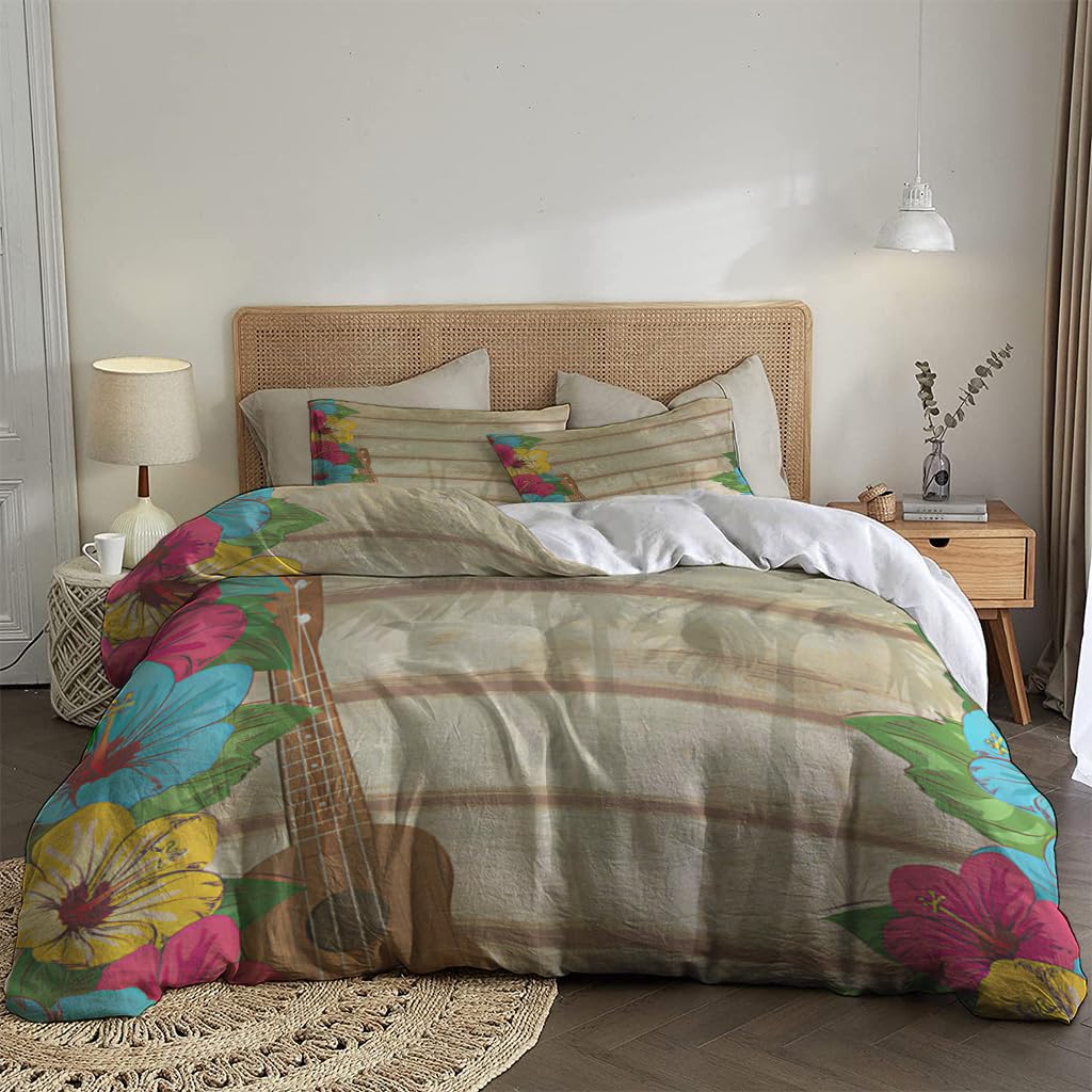 NIBAINLO 布団カバーカラフルなプルメリアの花とギターが飾られたハワイアンテーマ 肌に優しい ピーチスキン加工 掛け布団カバー 和式 洋式 あったか 布団カバーセット リバーシブル ホームステイ ホテル 家庭兼用