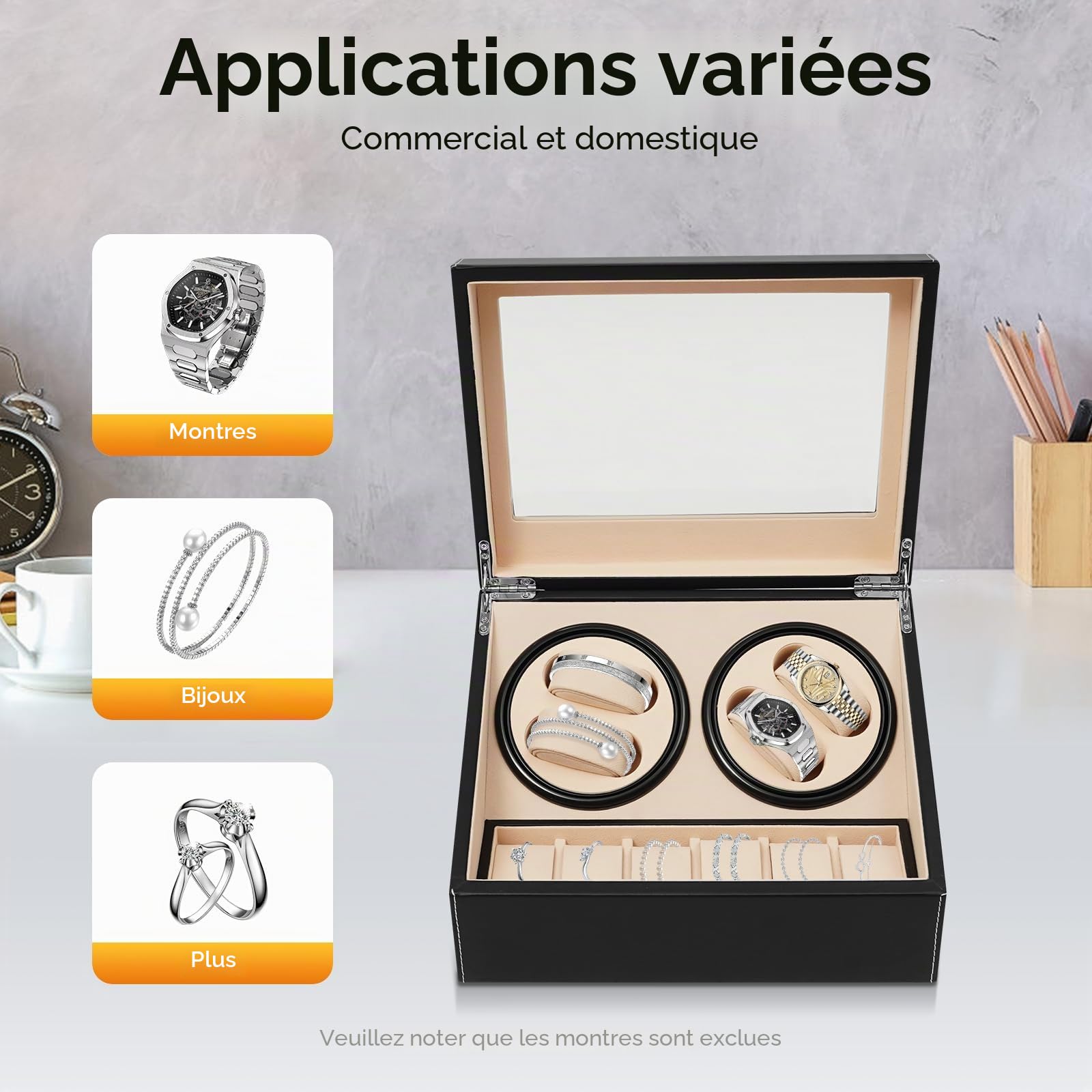 Boîte Automatique avec 4 Montres + 6 en Cuir PU pour Magasin et Maisons, Noir, De Luss
