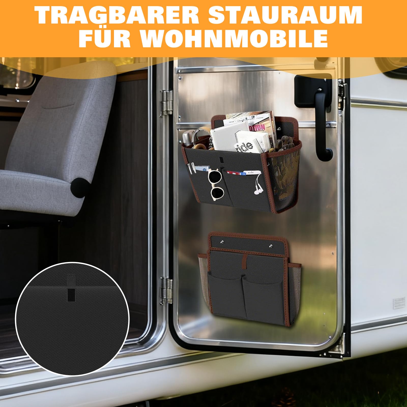 Organizer per camper, 2 pezzi, autoadesivo, da appendere, da campeggio, portatile, con tasca principale e tasca frontale e tasca laterale in rete, per camper, furgone, cucina, ufficio, bagno