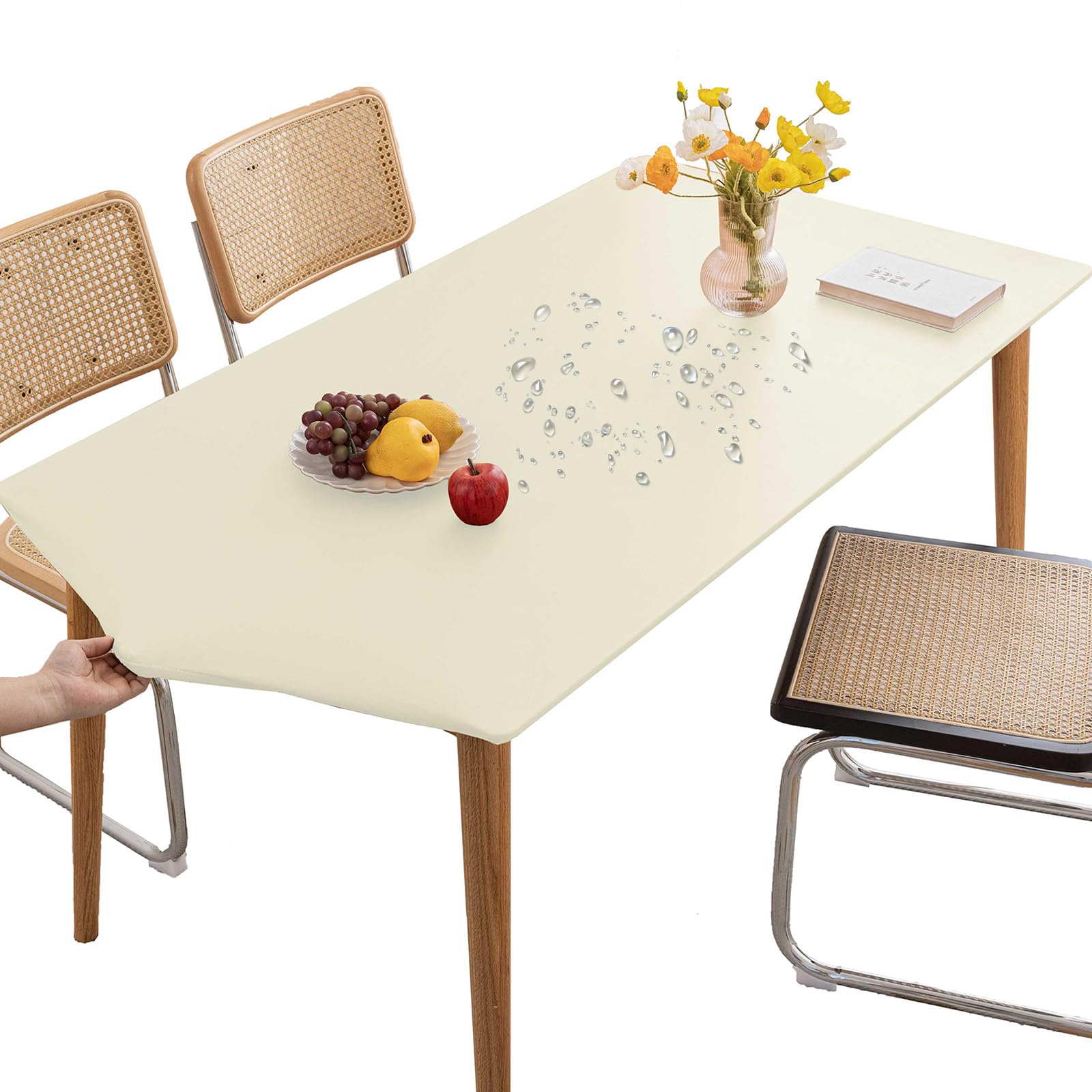 Thdsubb Tablecloth Leather Waterproof Tablecover Elastic Edged Fitted Table Protector Cover Wipeable for Home Picnic Party (Ivory,60x60cm)