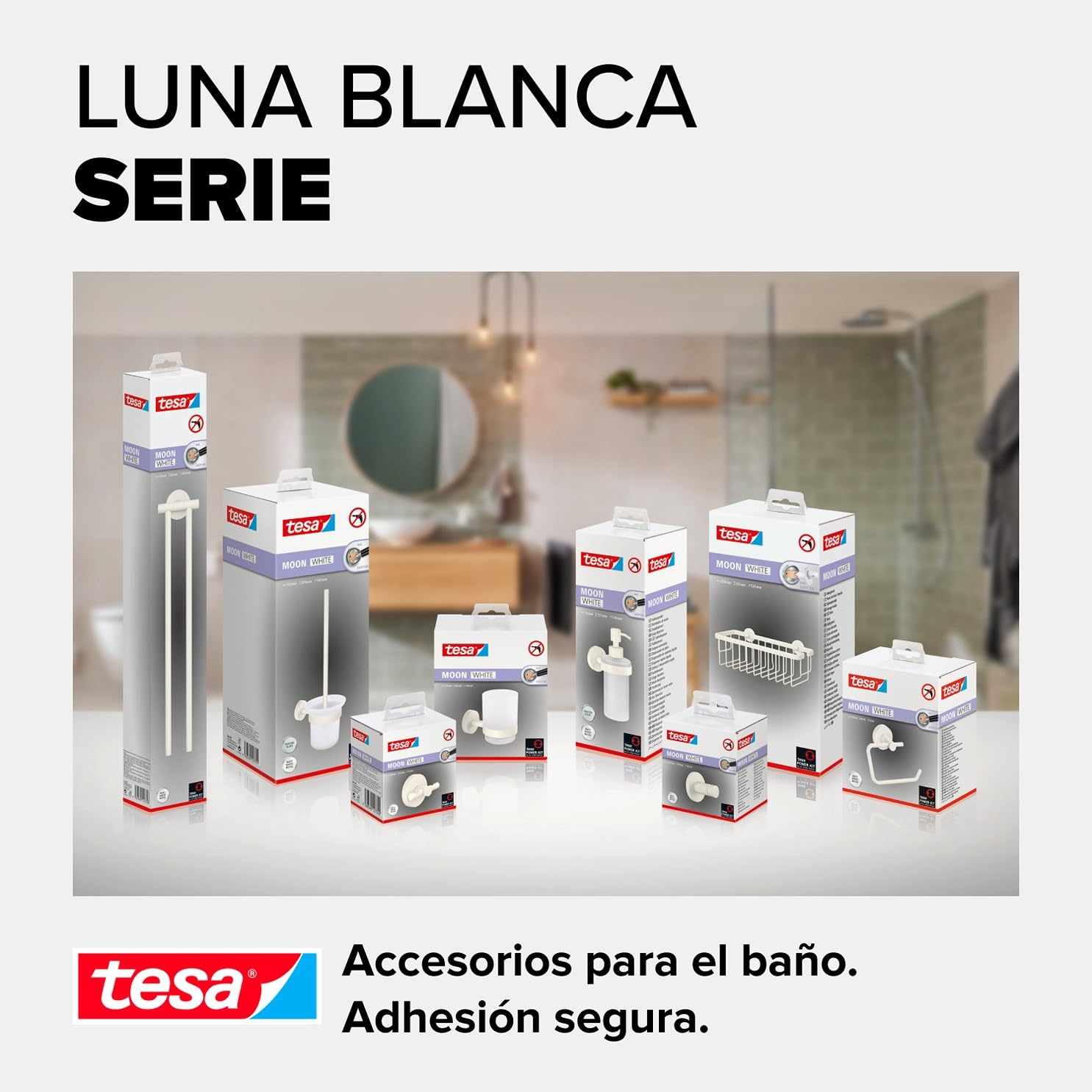 tesa® Moon White Escobillero de Baño - Juego de Escobillero y Vaso de Cristal Satinado de Estilo Moderno - Sin Taladro - 379 mm x 112 mm x 145 mm - Blanco Mate