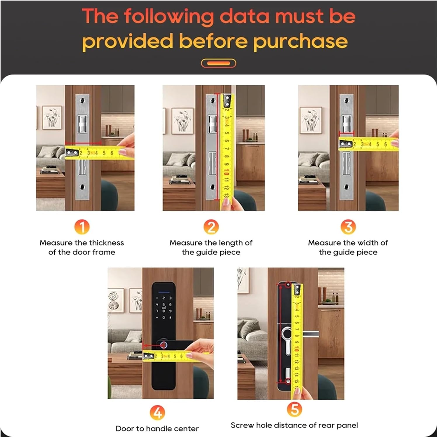 Diagram showing how to measure door dimensions for lock installation