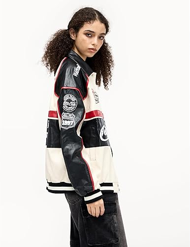 Miniatura 4 de Aelfric Eden Chaqueta de carreras de piel sintética de gran tamaño para motocicleta, chaqueta de motociclista, ropa de calle, unisex